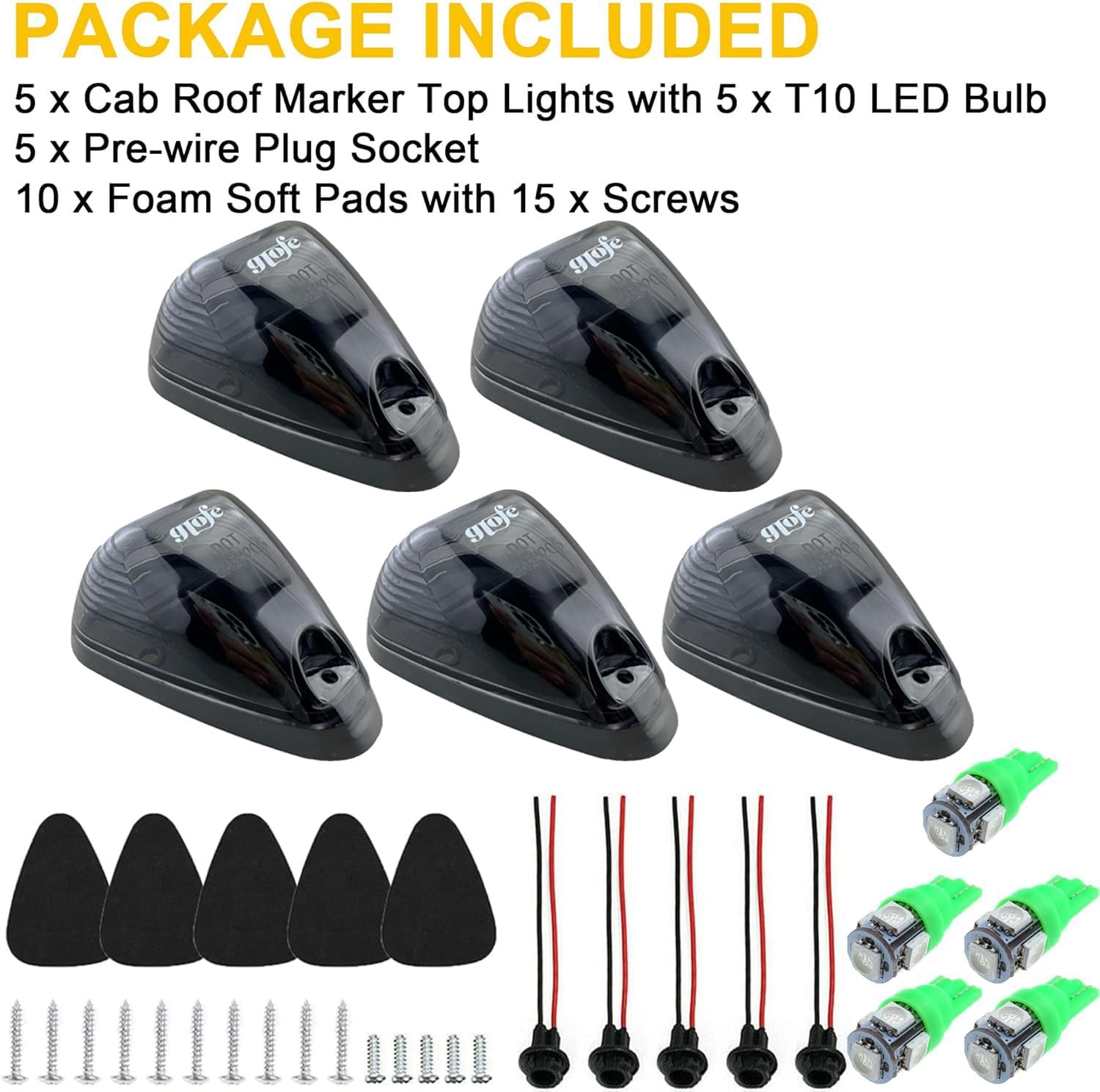 5X Black Smoke Lens Cab Roof Marker Running Lamps w/Green LED Lights Compatible with Ford F150 F250 F350 F450 F550 F650 F750 E150 E250 E350 E450 1999-2016 Super Duty Pickup Trucks(Green)