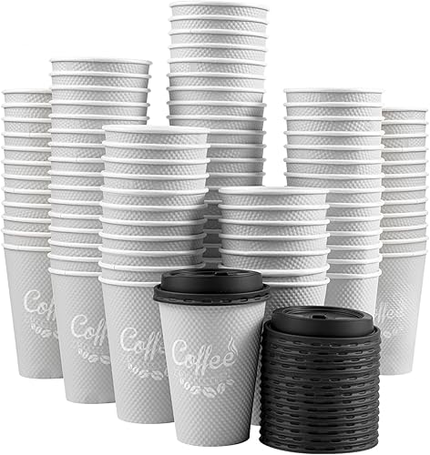 Paquete de 100 tazas de café desechables de 12 onzas con tapas, tazas de café de papel de doble pared con aislamiento ondulado para bebidas