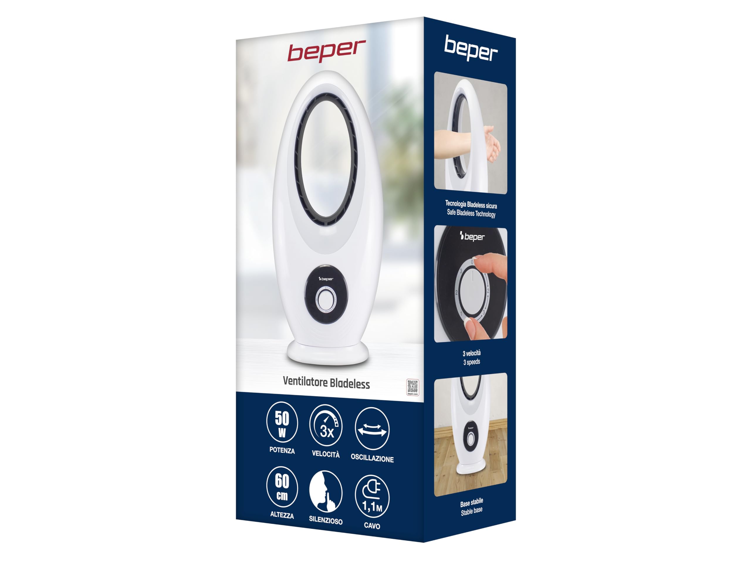 beper P206RAF110 Moderner, 50W, Leiser, Oszillierender, Messerloser Bodenventilator mit 3 Ventilationsgeschwindigkeiten, Sicheres und innovatives Design für effektive Luftverteilung, Weiß