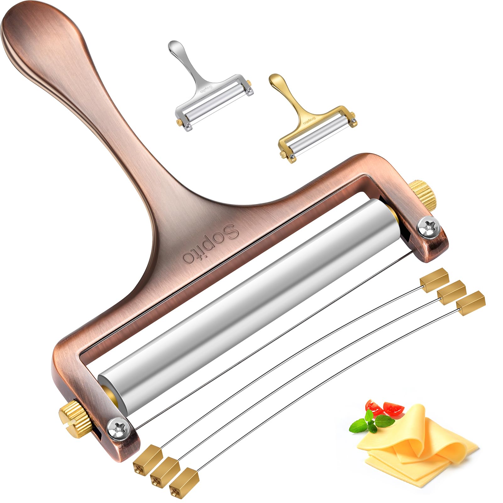 SopitoCheese Slicer Stainless Steel With 3 Extra Wires Great for Cheddar, Gruyere, Raclette, Mozzarella Cheese Block, Adjustable Thickness, Copper