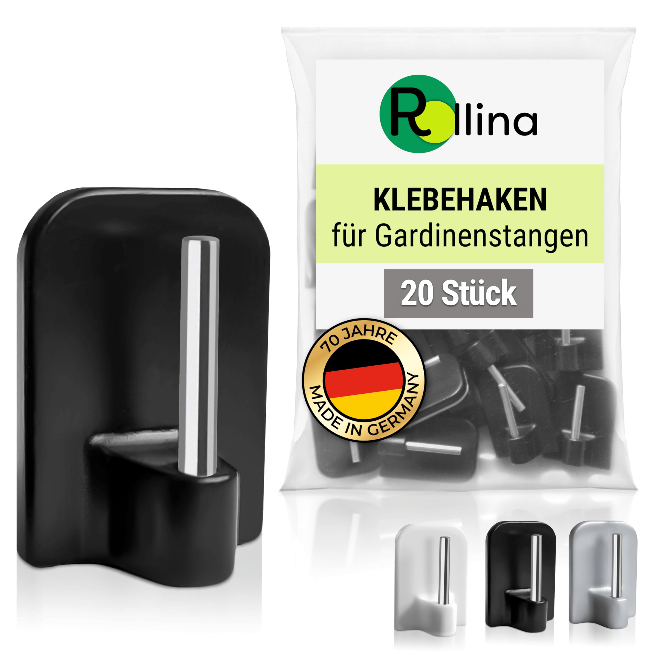 Rollina Klebehaken für Scheibengardinen (20 Stück) | Gardinenhaken für Gardinenstange ohne Bohren | Haken zum Einhängen | Fensterhaken, Gardinenhalter (20, Schwarz)
