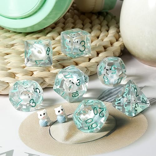 Miniatura 5 de DNDND - Dados para gatos DND, 7 dados de resina D&D con bolsa de terciopelo para juegos de rol de Calabozos y Dragones y juegos de mesa (gato