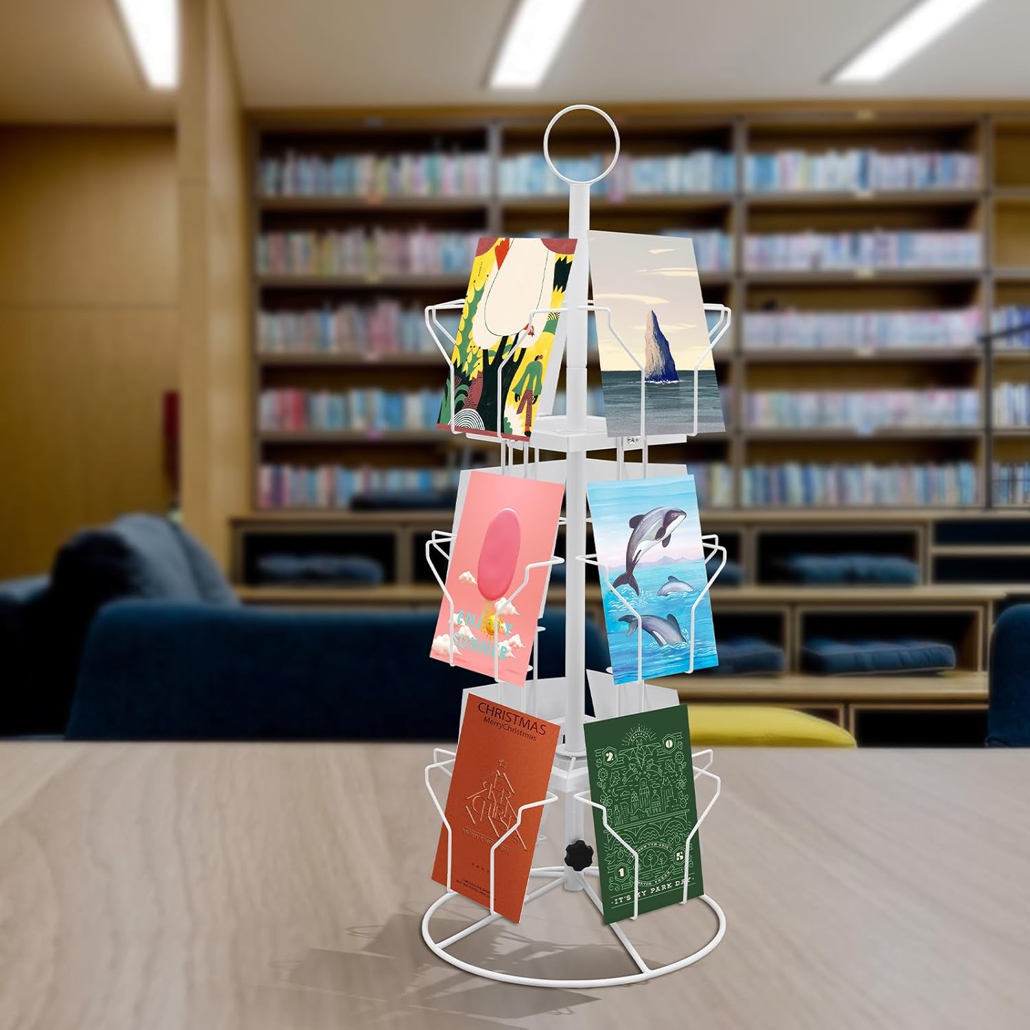 12 Pockets Greeting Card Rack Display Stand, Metal Greeting Card Spinner Rack Countertop Rotating Postcard Cards Display Stand, Brochure Pamphlet Holder Standing Rotating Rack for Stickers - White
