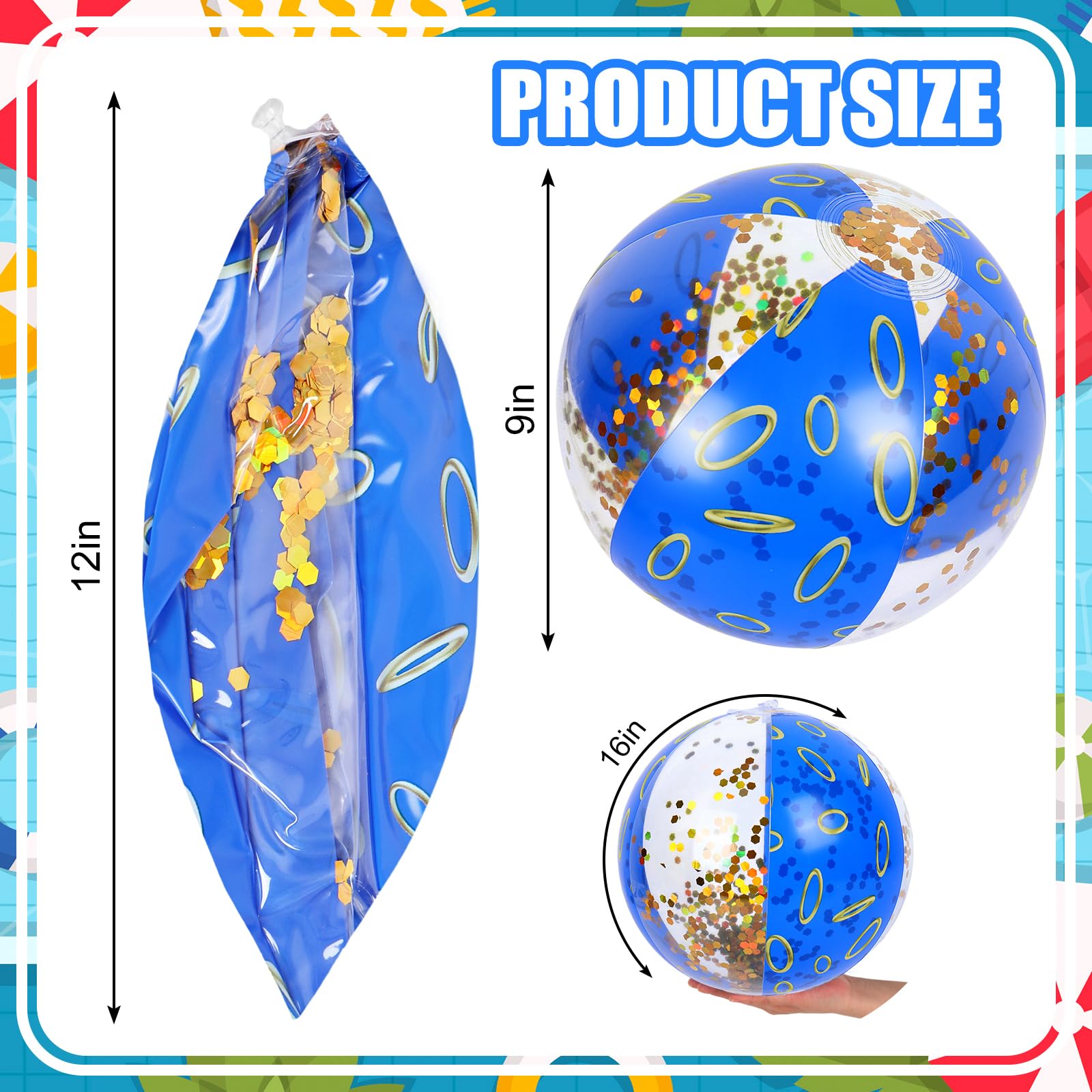 Whaline 16 bolas de playa inflables de erizo azul, anillo de oro azul, confeti con purpurina, bolas de PVC, lindos juguetes para verano, playa, cumpleaños, decoración de fiesta de fin de año