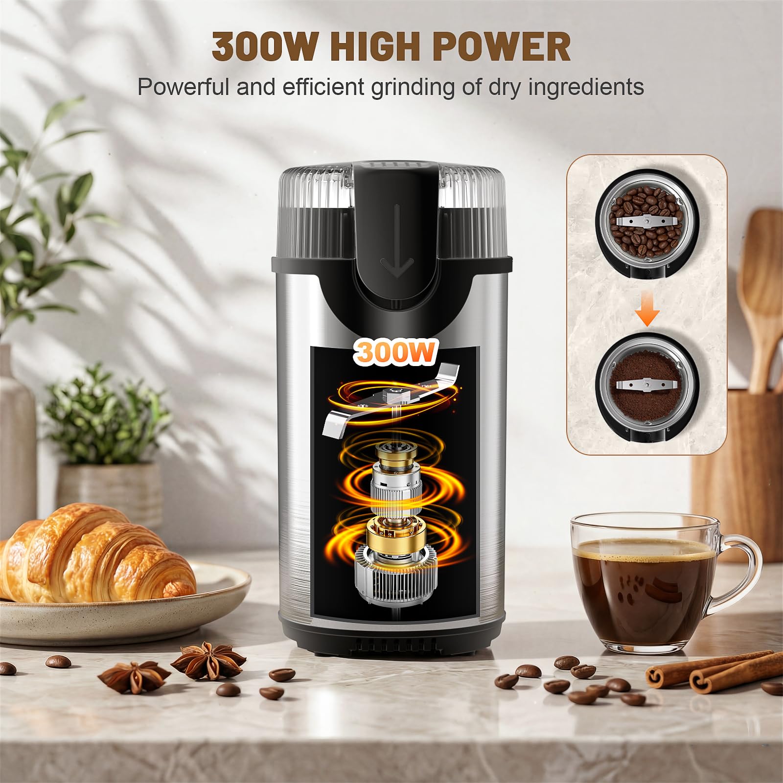 Macinacaffè Elettrico 300W Capacità 80g e Lama in Acciaio Inossidabile Macinacaffè Versatile, Adatto per Macinare Chicchi di Caffè, Spezie Facile da Usare e Pulire Perfetto per Casa o Viaggi