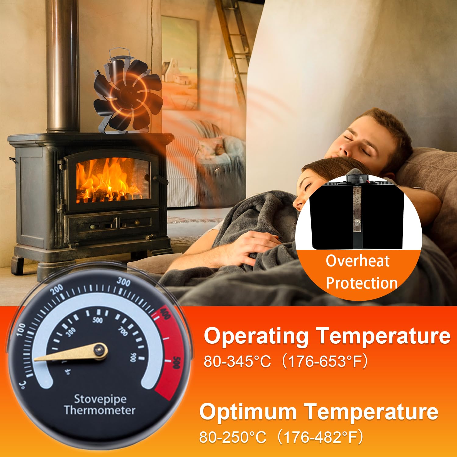 VODA Ventilatore per stufa a legna con calore, 8 pale non elettriche, ventola termica attivata dal calore per stufa a legna/bruciatore a legna, accessori per stufa, termometro