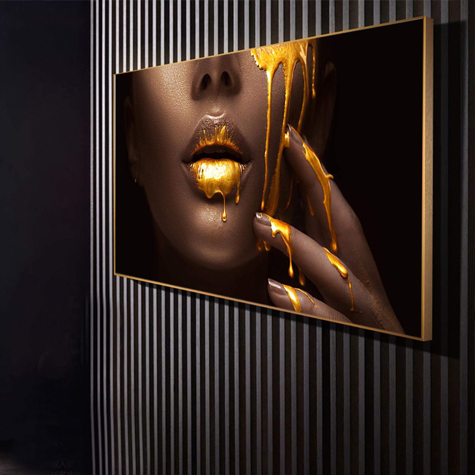 Peinture sur Toile Visage de Femme Doré 70x140 cm Street Art pour Salon Modern Homedecor