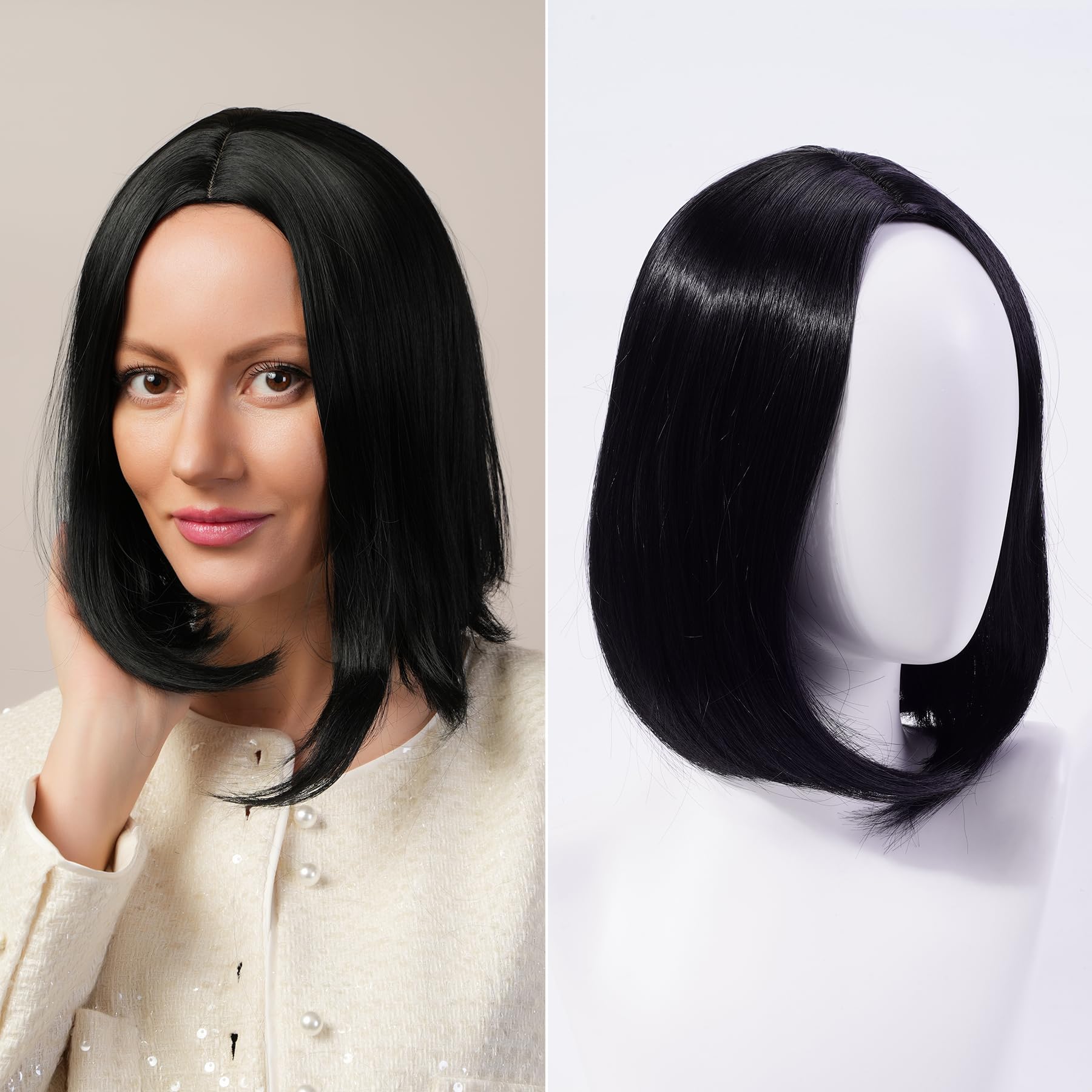 Stylophyx Black Bob Wig 12 Inches Mid Part Short Bob Wig Synthetic Fiber Glue Free Wig Classic Style Suitable for Womens Daily Life Gatherings Role