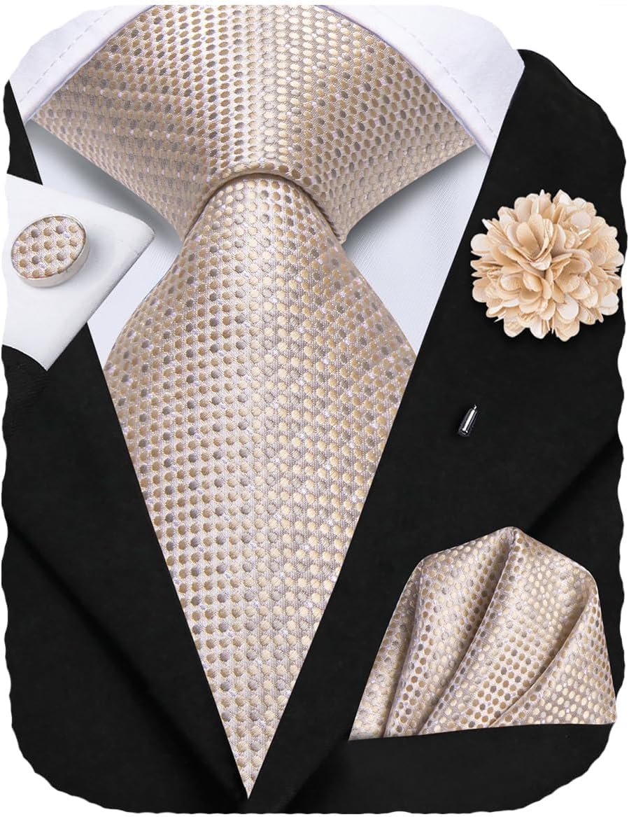 Mens Tie Set Silk Striped Woven Necktie with Lapel Pin Pocket Square Cufflinks Set for Wedding Party