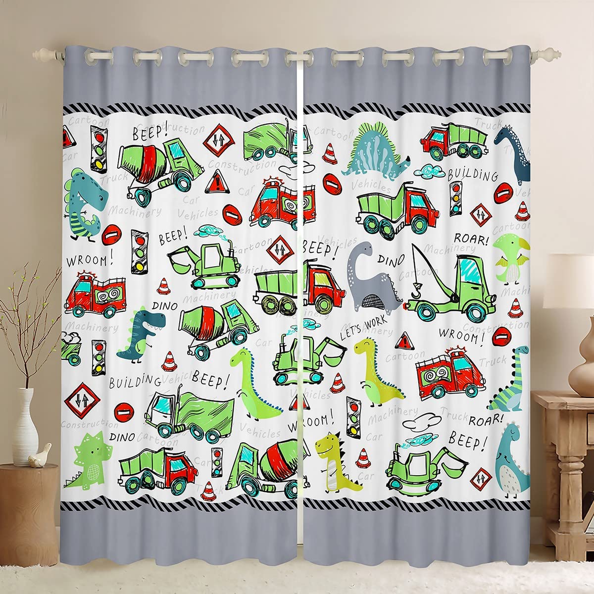 Loussiesd Boys Construction Curtain W52*L90 for Bedroom Dinosaur Darkening Curtain Cartoon Equipment Trucks Dino Blackout CurtainCute Machinery Car Dinosaurs Window Drapes Gray
