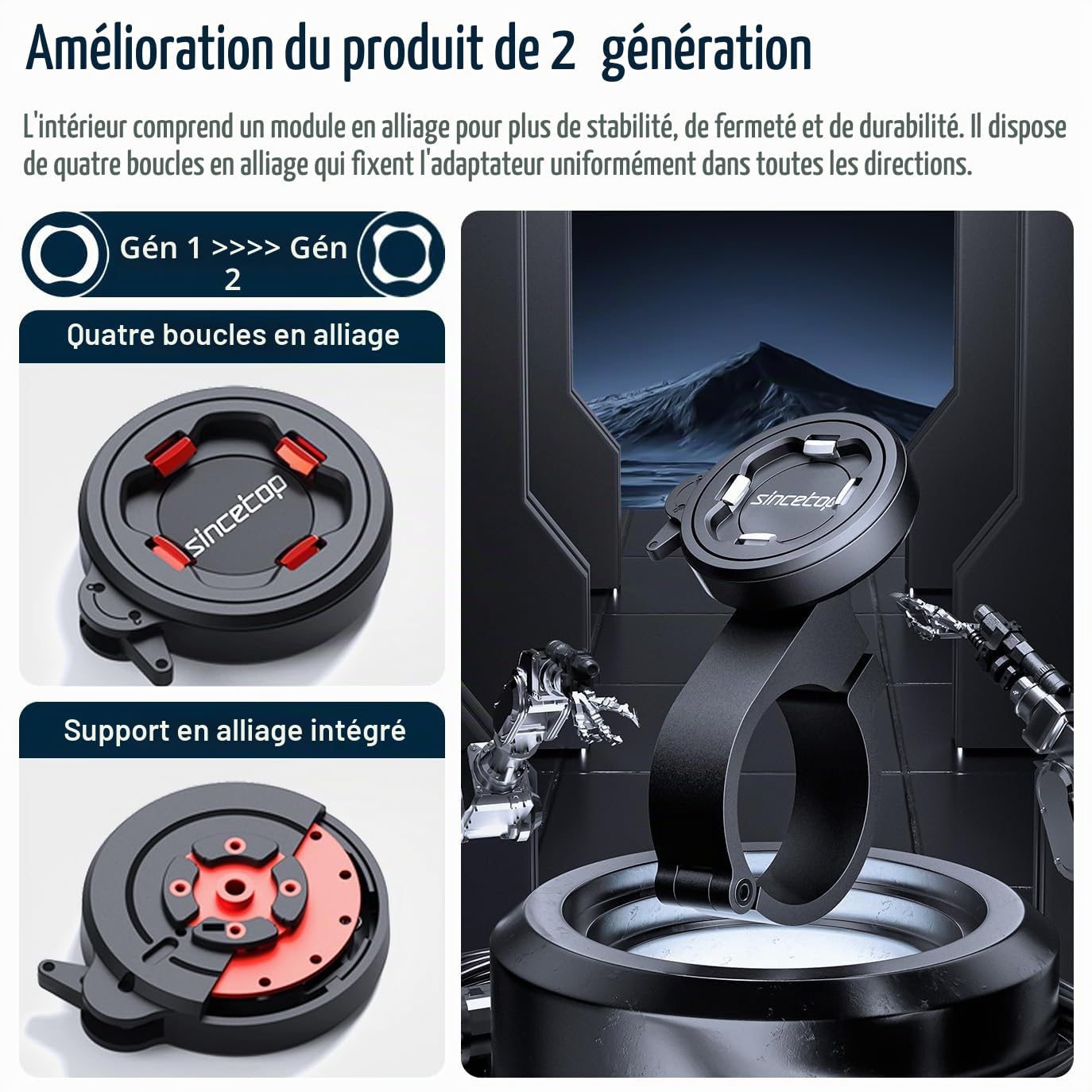 sincetop Support Telephone Velo,Porte Telephone Moto avec Adaptateur Universel,Support de Guidon de vélo Tout-Terrain pour VTT, Scooter, vélo trotinetteélectrique et de Route【Sér. C-2e gén.】