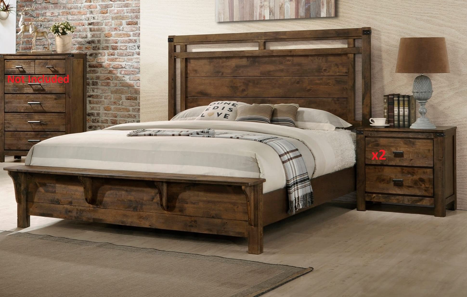 Esofastore3pc Contemporary Rustic Finish King Size Bedroom Set Bed and 2X Nightstand Wooden Home Furniture