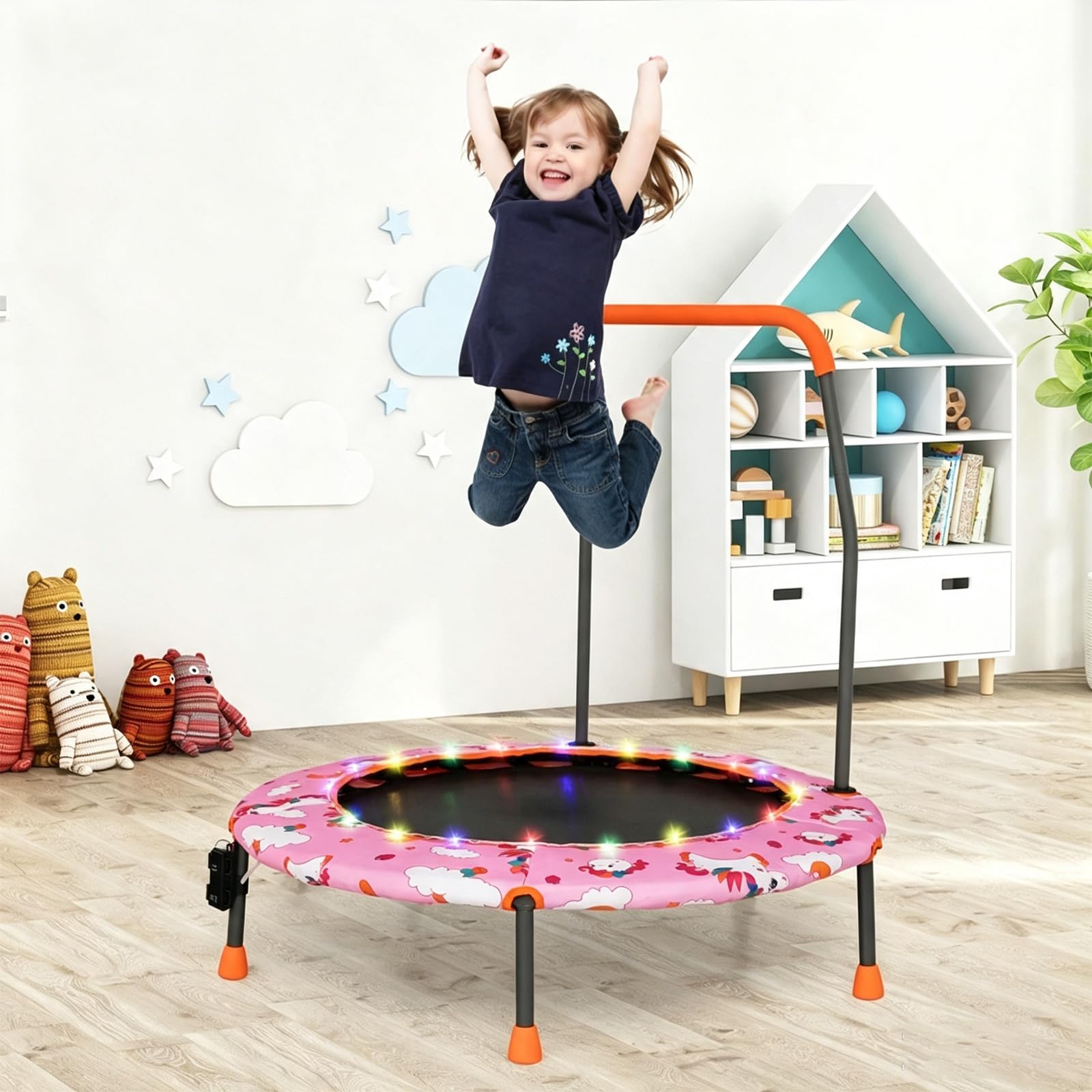 COSTWAY 92 cm trampolina z oświetleniem LED, zdejmowany uchwyt, mini trampolina dla dzieci w wieku 3-6 lat, wewnątrz i na zewnątrz