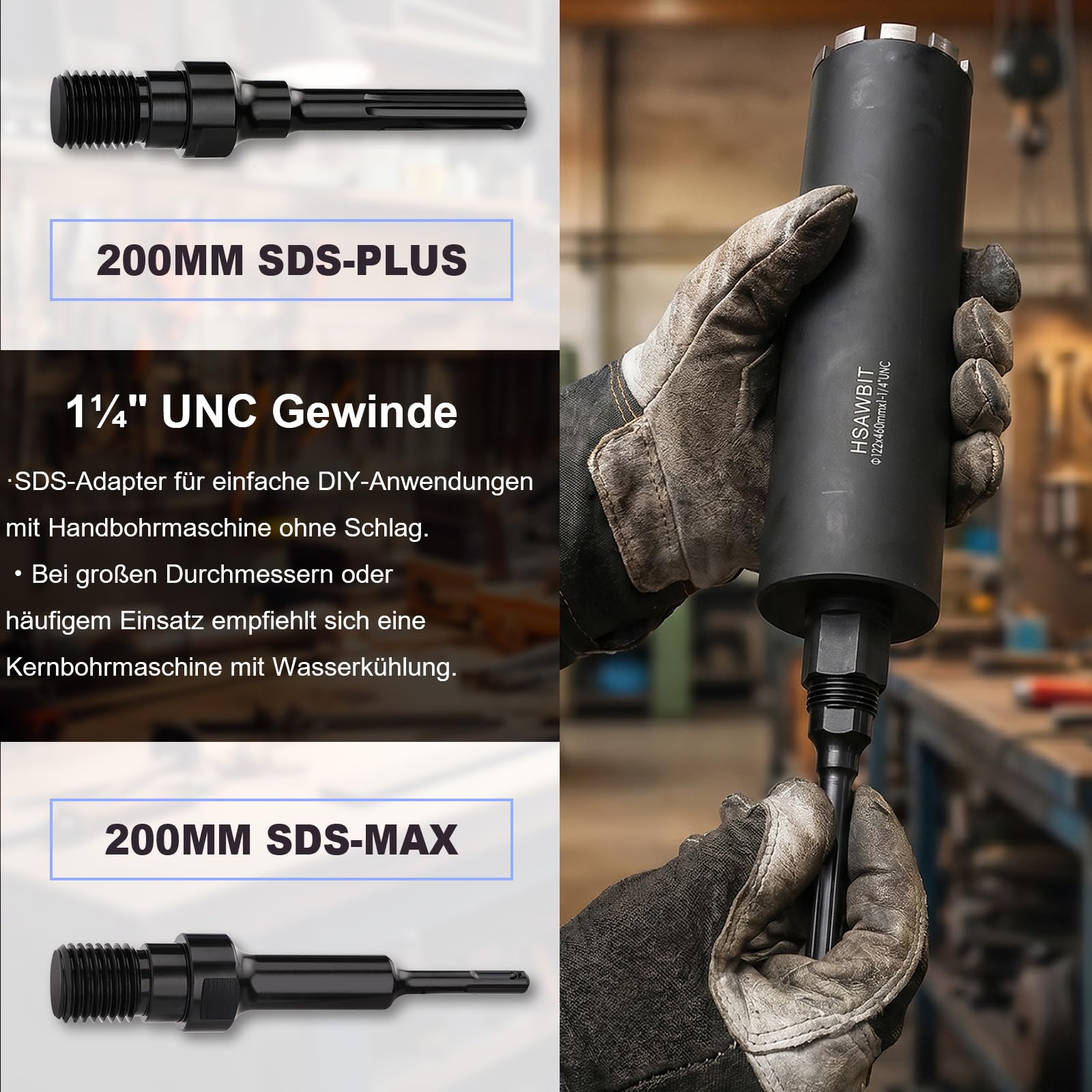 Corona da trapano da 192 mm, UNC, SDS-Plus, SDS Max, lunghezza 460