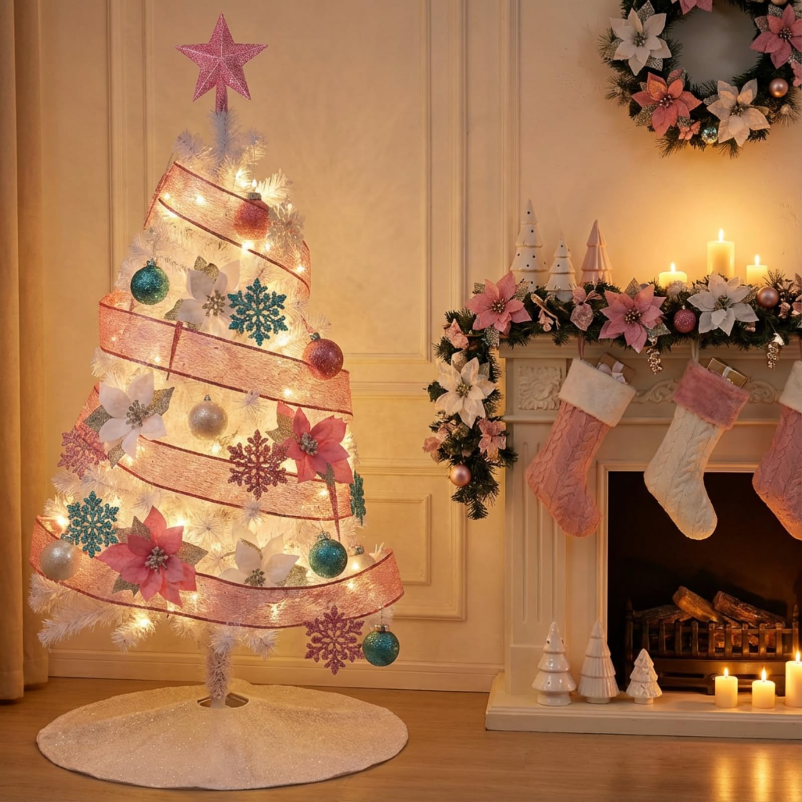Lunmon Lot de 44 demi-sapins de Noël de 1,2 m pour mur d'angle avec boule lumineuse de Noël, guirlande lumineuse en forme de stalactites, fleurs, flocon de neige, ruban sur le dessus pour les vacances