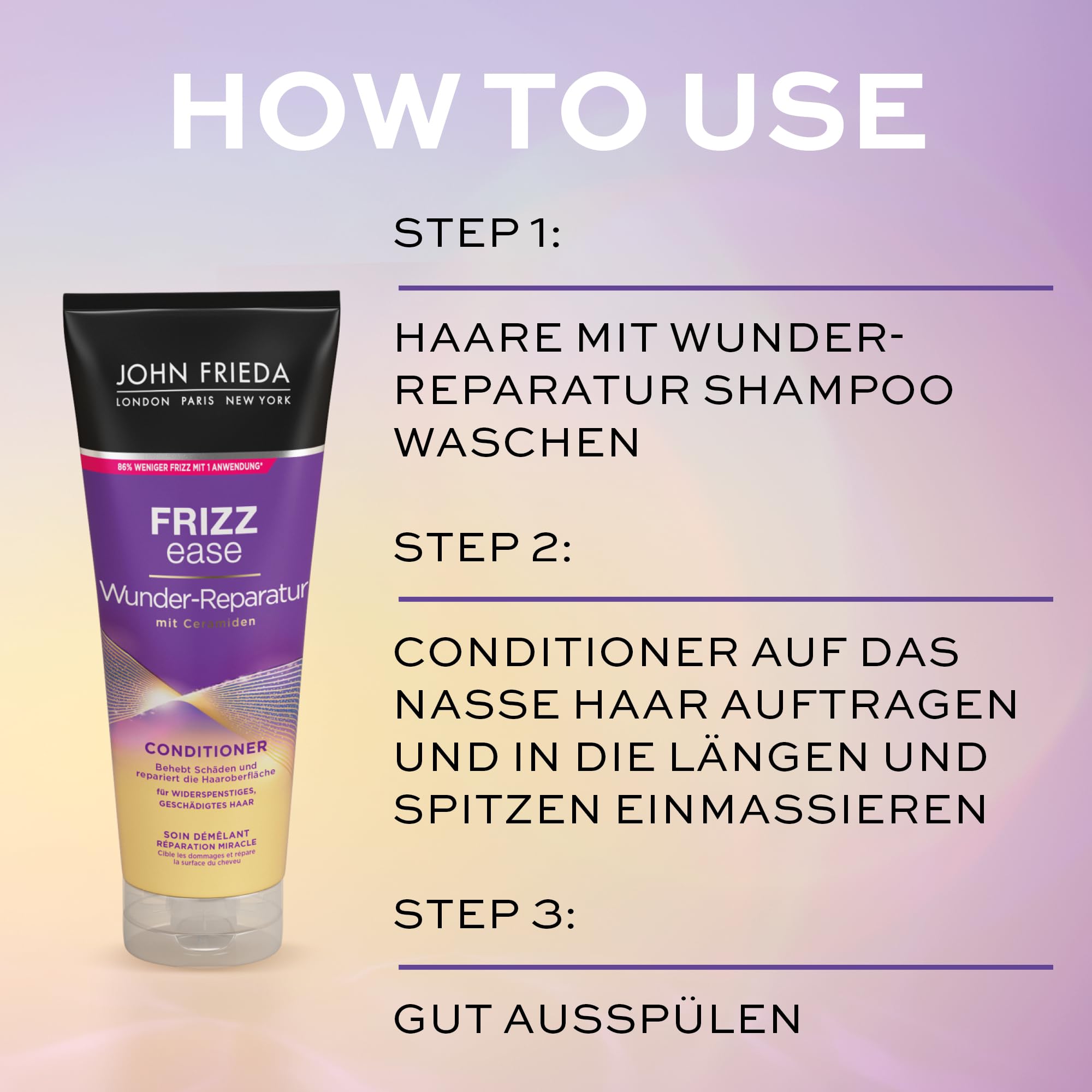 John Frieda Frizz Ease Wunder 4-częściowy zestaw naprawczy – szampon, odżywka, spray do pielęgnacji i maska na oczy MegRhythm – program dobrego samopoczucia do domu