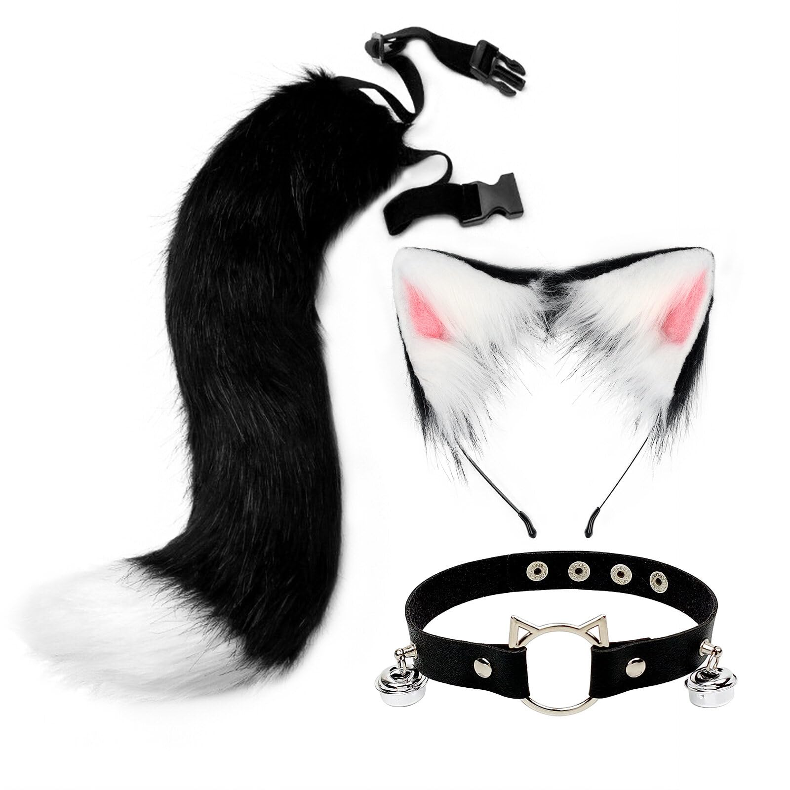 Tail and Ears Set Long Fox Tail Cosplay Faux Fur Furry Fox Wolf Tail Kit with Ears and Bells Collar for Anime Fancy Dress Party Halloween Christmas Dress Up Carnival Role Play