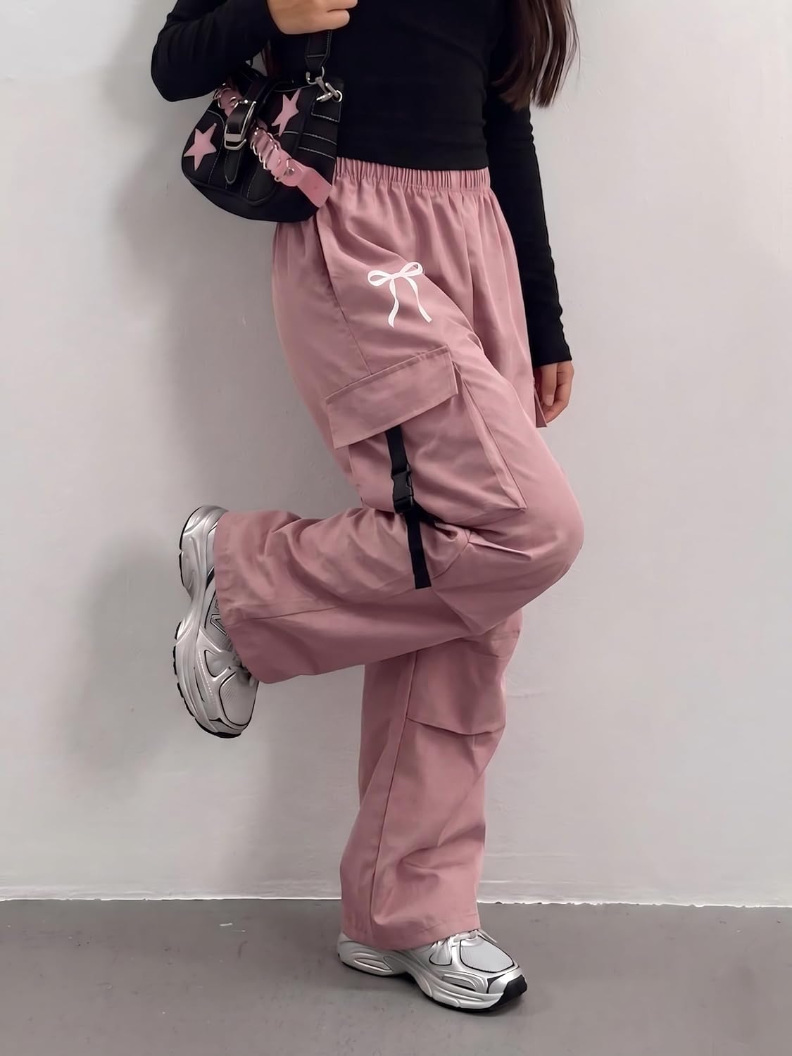 Girls Cargo Pants Wide Leg Black Bow Graphic Long Trousers with Pockets Y2K Aesthetic Baggy