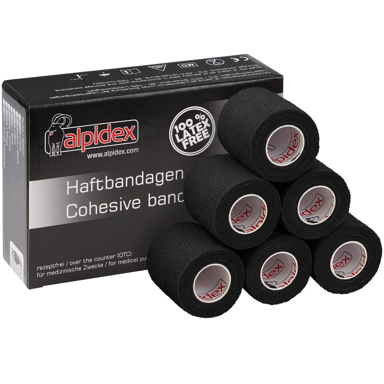 ALPIDEX 6 Rotoli Benda Adesiva 5 cm x 4,5 m Molti Colori Bendaggio Coesivo Fasciatura Personi Animali Garza Elastica Autoadesivo Cavalli Cani Umani, Colore:nero