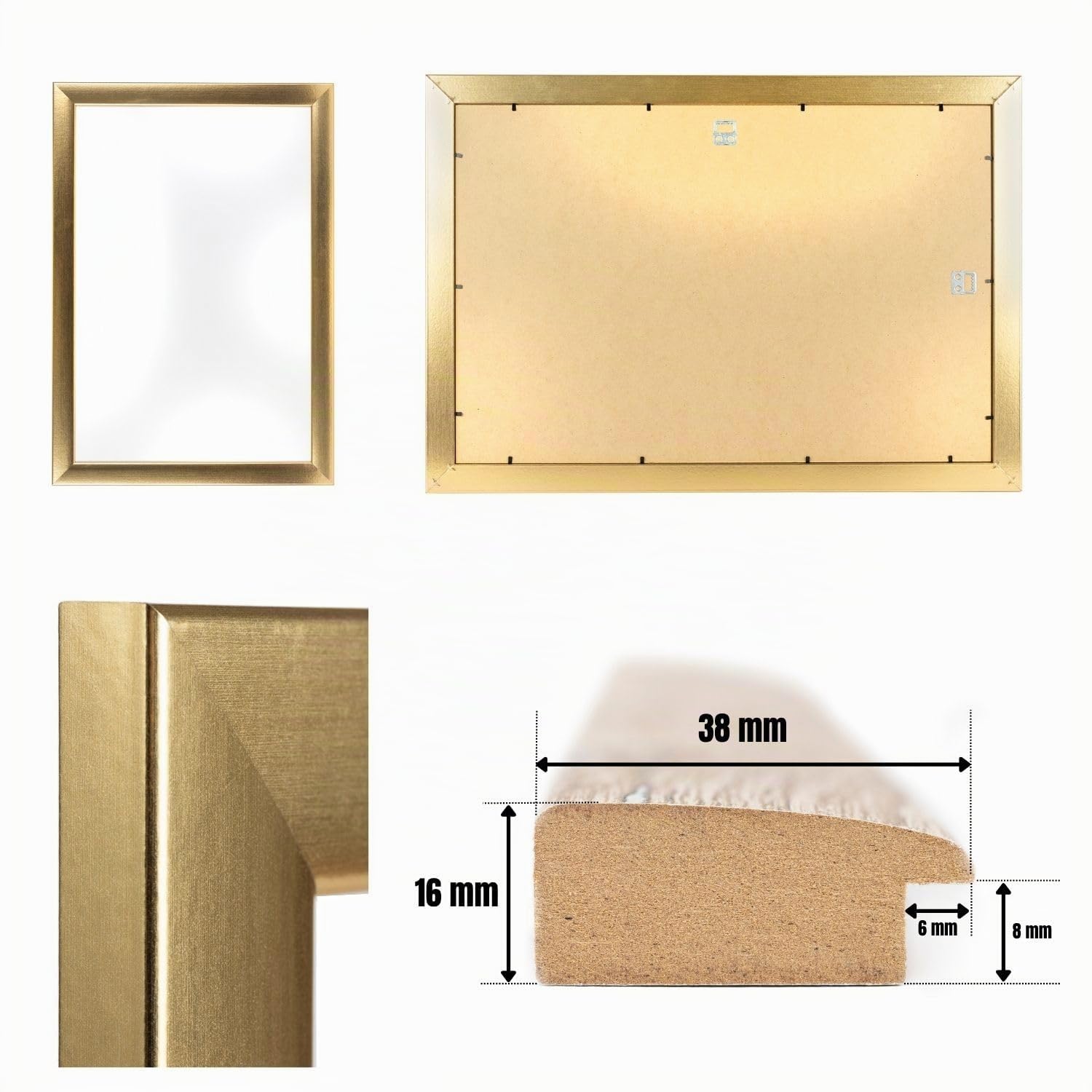 CLAMARO Bilderrahmen Neo Collage 60x120 cm, Gold, MDF-Holz, HDF-Rückwand | Acrylglasscheibe, Metall-Zackenaufhänger, Quer- und Hochformat nutzbar, für Fotos, Urkunden, Poster
