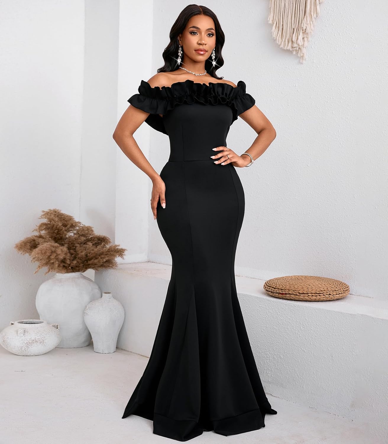 Cololura Sexy Floor-Length Off Shoulder Ruffles Stringy Selvedge Mermaid Bodycon Party Evening Maxi Dress - Image 2