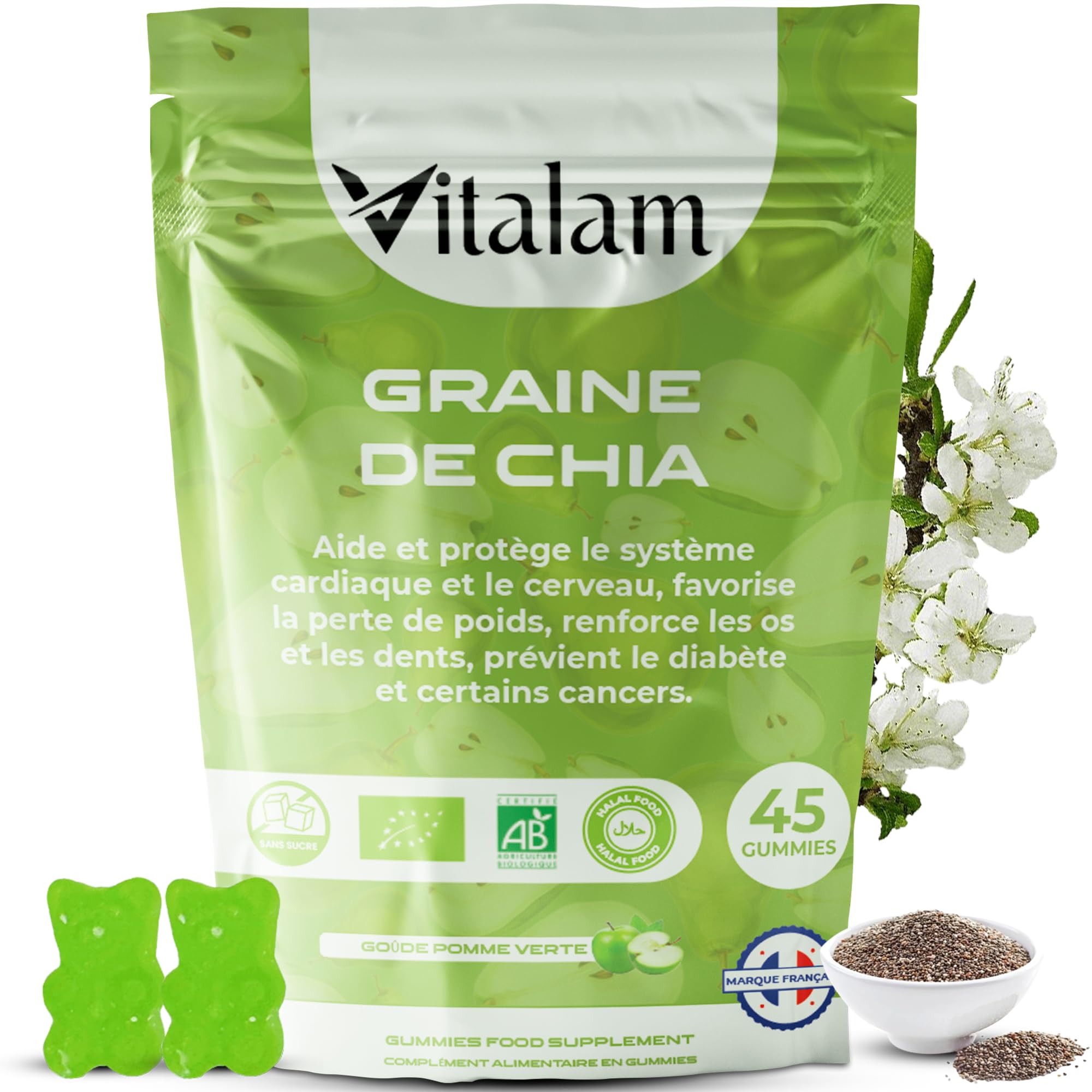 Gummies Graine de chia en sachet, Gummies Chia Minceur & Perte de Poids et de Tour de taille, Source de protéines, fibres et OMEGA 3, Complément alimentaire, Sans Sucre, 45 gummies, Goût Pomme