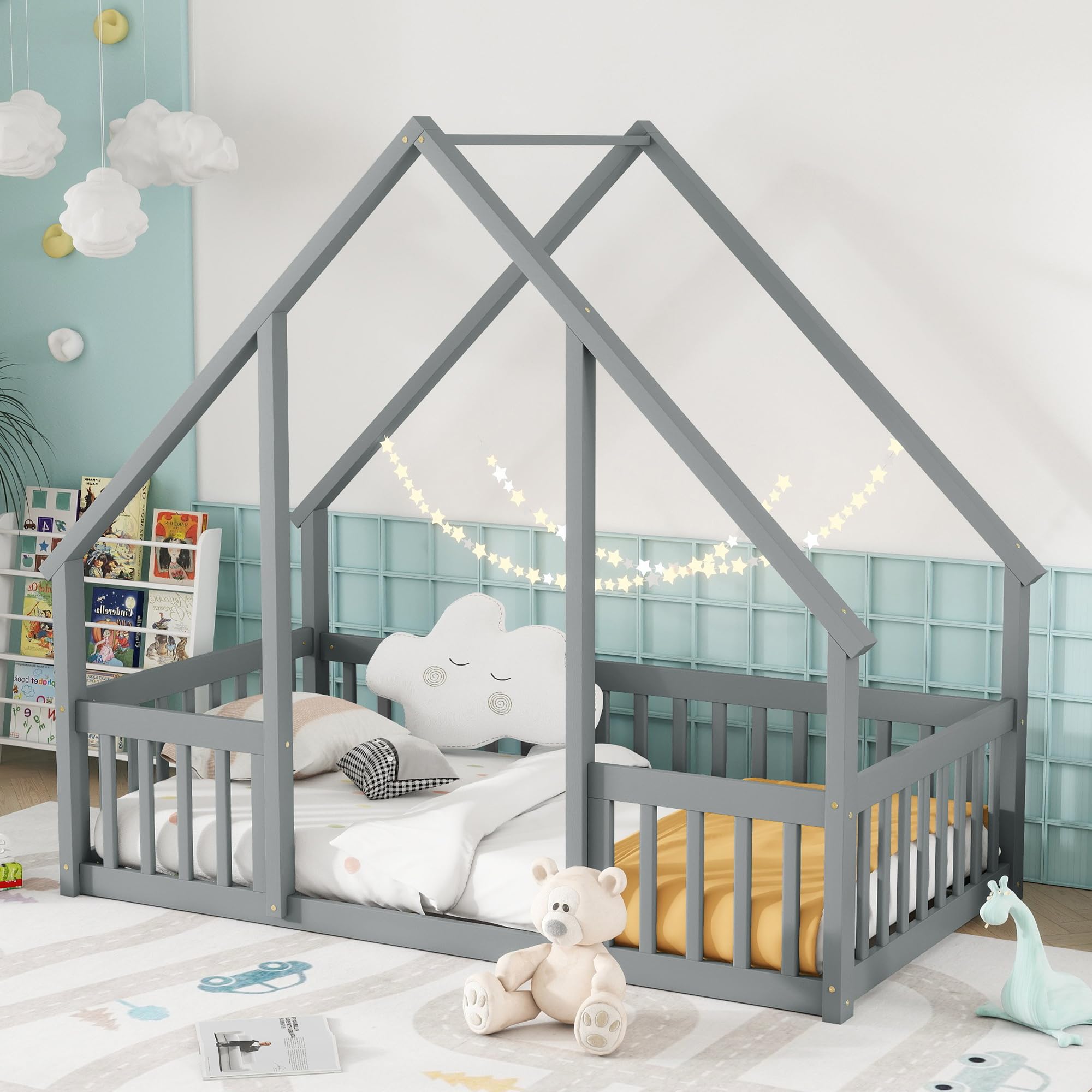 Aurnienofus Twin House Floor Bed Frame with Rails,Tent Floor Bed with Fence for Boys Girls Teens,Twin Kids Floor Beds with Roof, Playhouse for Kid,