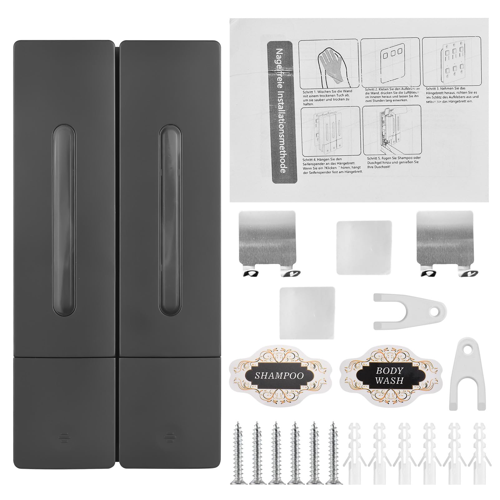 Decdeal Dispensador de jabón de Manos de 400 ml x 2, Seguro, ABS, sin Perforaciones, dispensador de jabón para Montaje en Pared con Ventana Transparente, Salida de líquido separada, diseño de Bloqueo