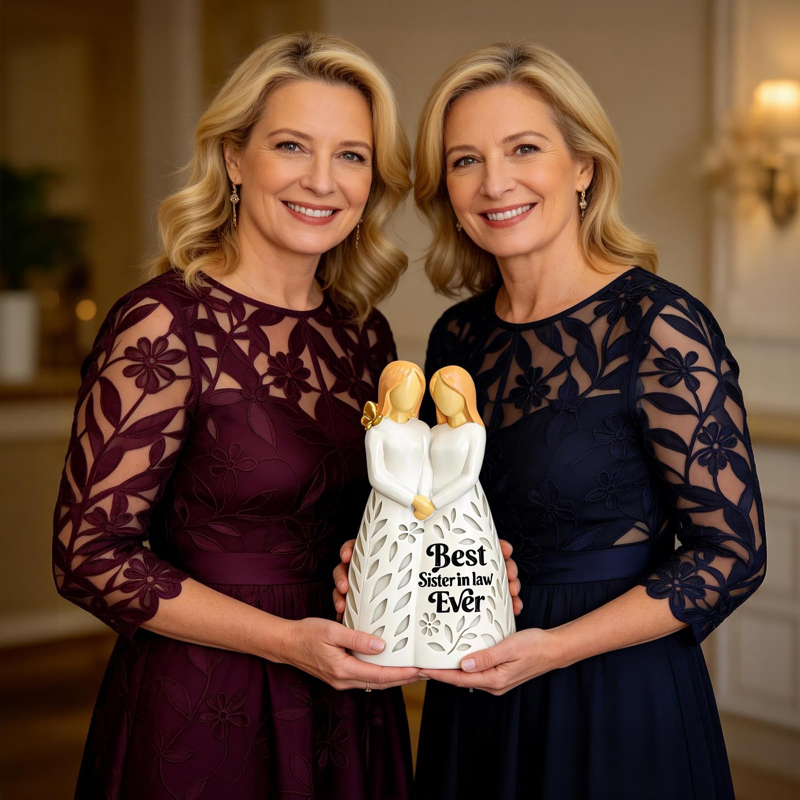 Sister in Law Gifts, Best Sister in Law Ever Figurine Light with Remote Control - Mothers Day Birthday Christmas Wedding Gifts for Women, Cream-White Resin Lamp (No Batteries Included)