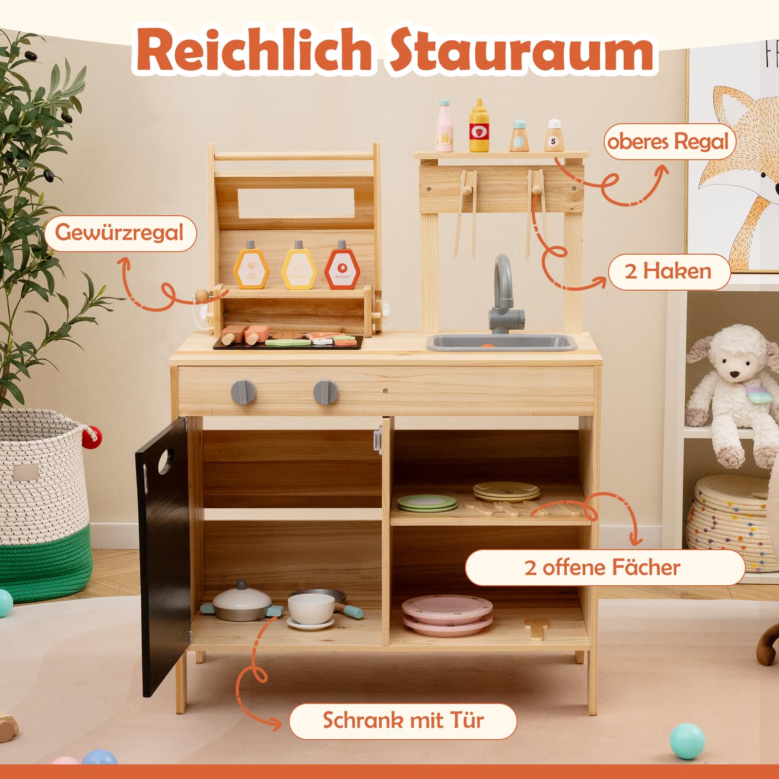 GOPLUS Matschküche Kinder mit Tafel, Kinder BBQ Grill Spielset mit Spielzeugessen, Grillwerkzeugen und Gewürzflaschen, Spielküche Kochspielset mit 27 TLG. Zubehör für Kinder ab 3 Jahren