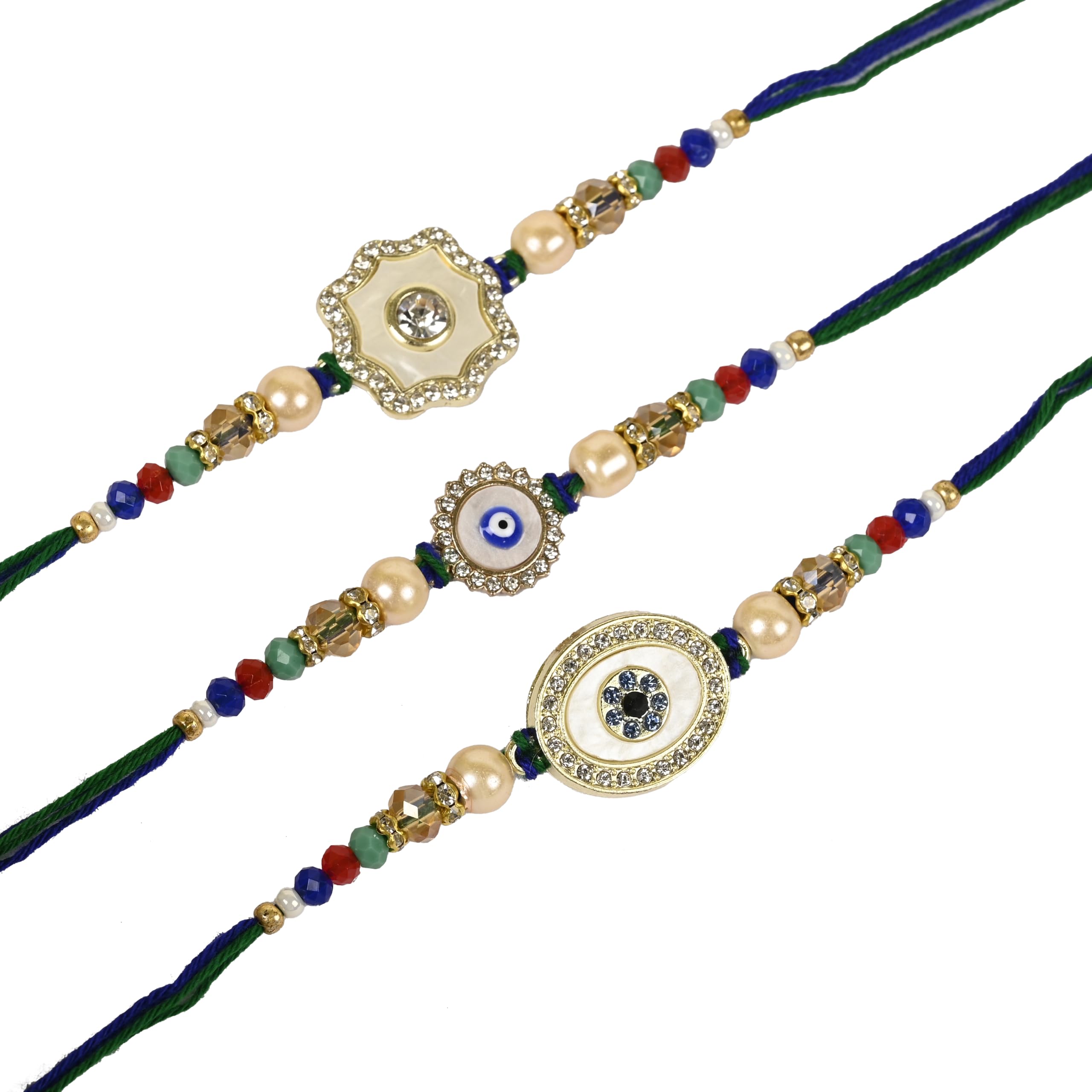 bomtee Designer Evil Eye Rakhi for Brother | Handmade Stone Pearl Crystal Beaded Thread | Premium Traditional Raksha Bandhan Bracelet | Nazar Protection Charm | Fancy Festival Gift | Pack of 3-picture-12