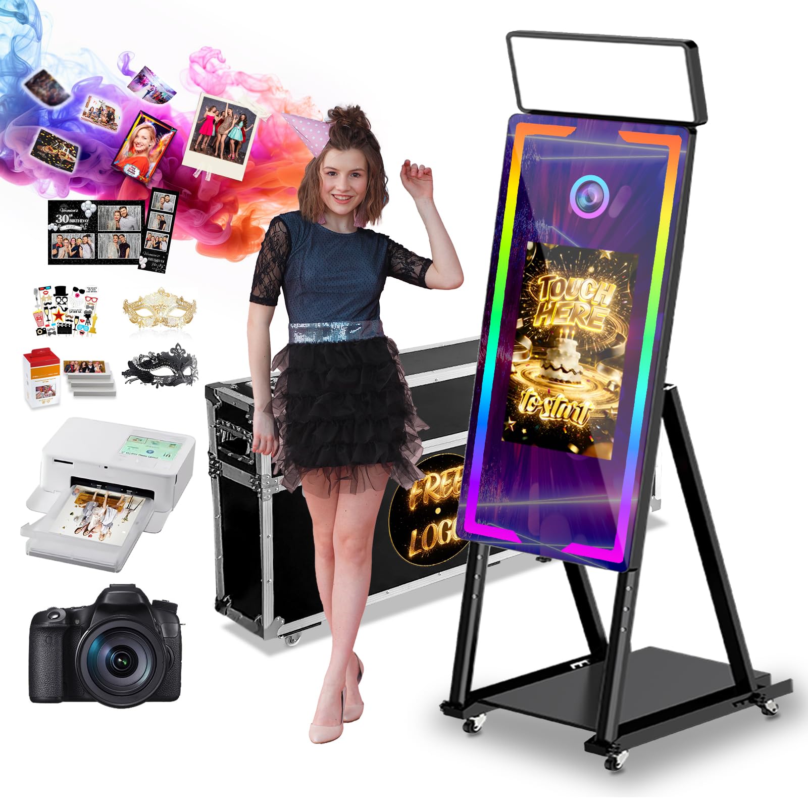 Magic Mirror Photo Booth, 45'' Mirror Photo Booth with Camera and Printer, 22'' Interactive Touch Screen, Built-in Mini PC with Instant Print –