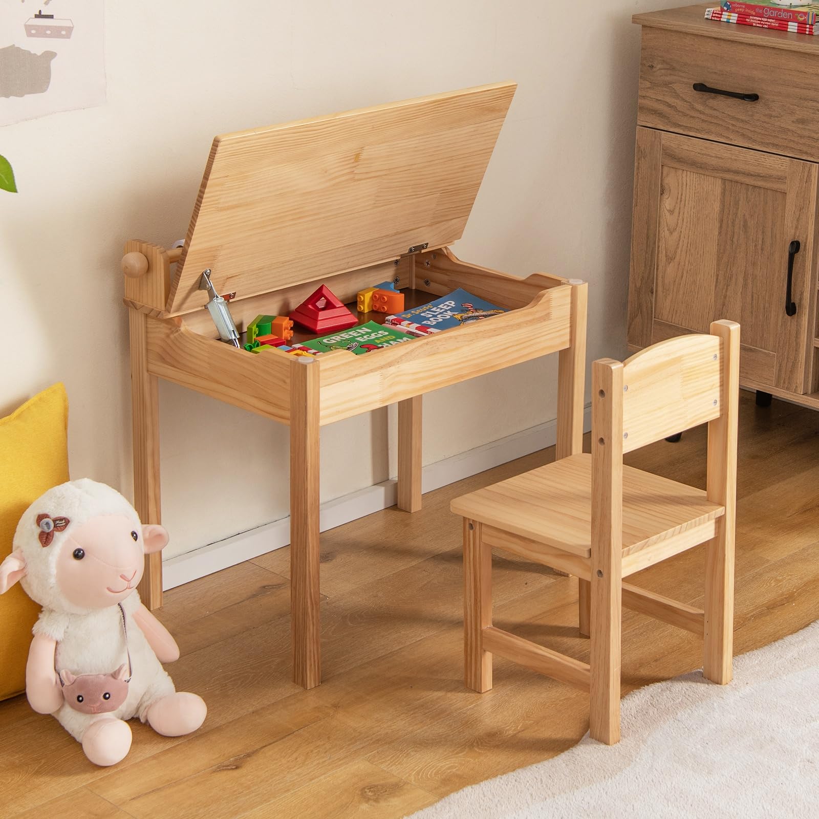 LIFEZEAL Juego de Mesa y Silla Infantil, pupitre Escolar con Silla y cajón, Escritorio con Tablero Plegable y portarrollos de Papel, Conjunto de pupitre para niños de 3 a 12 años (Natural)