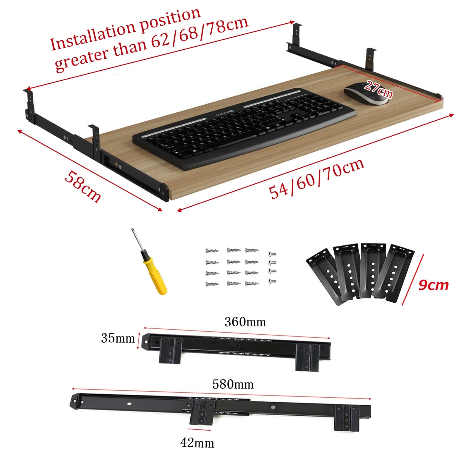 Bandeja para teclado con cajones deslizantes de 54 a 70 cm, estante de madera ajustable con deslizamiento de metal, extensión debajo del escritorio para oficina en casa