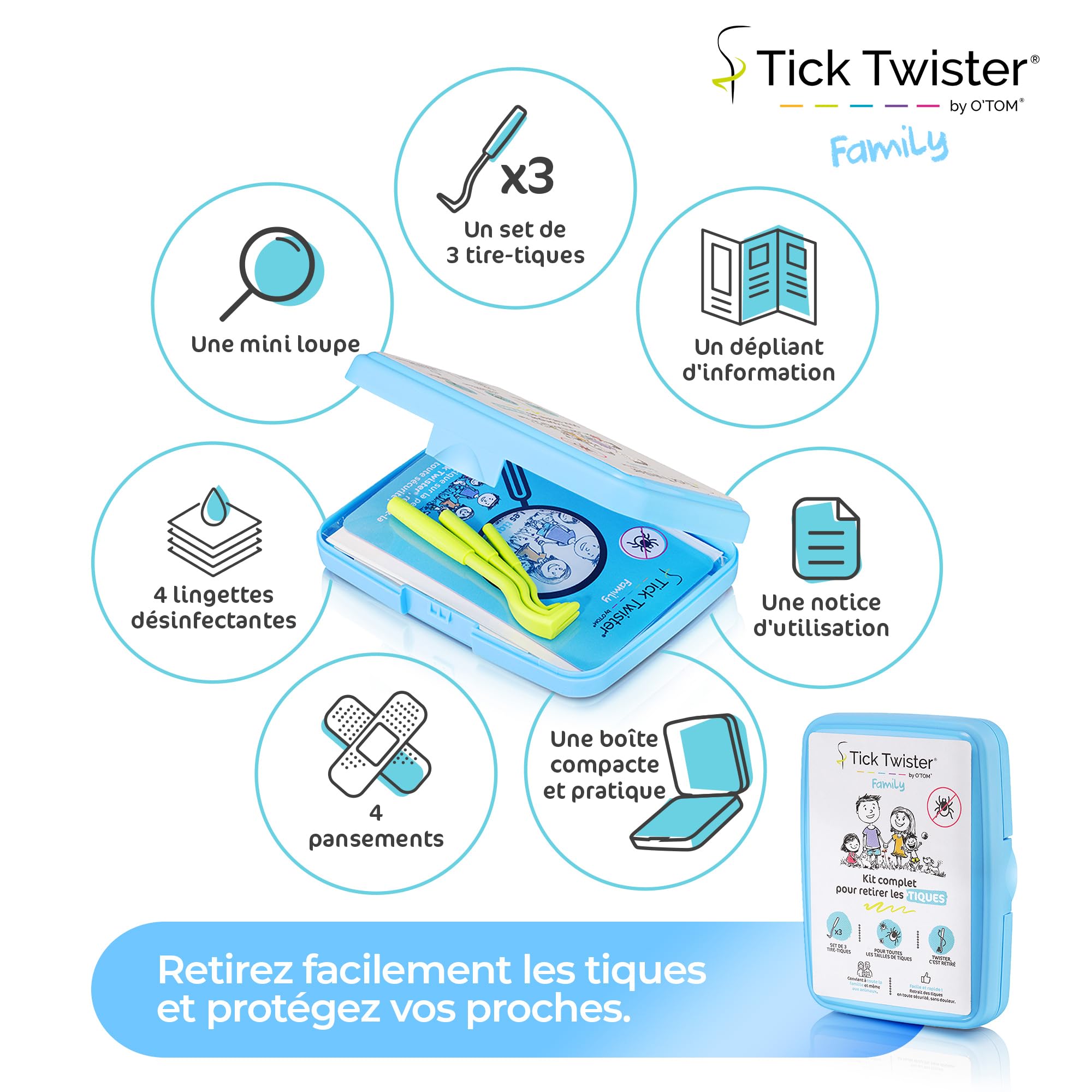 Tire Tique pour Chien, Chat et Humain – Kit Complet avec Pince à Tique (set de 3), Lingettes Désinfectantes, Pansements, Loupe et Boîte de Rangement pour Toute la Famille