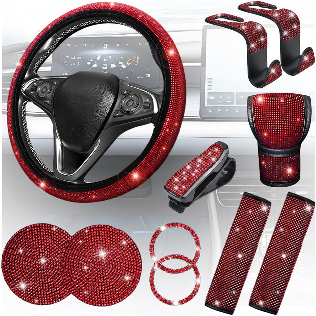 11PCS/Set Bling Car Accessories Set for Women, Rhinestone Vehicle Steering Wheel Cover Seat Belt Cushion Gear Shift Protector Cup Holder Coaster, Universal Automotive Accessories (Black)