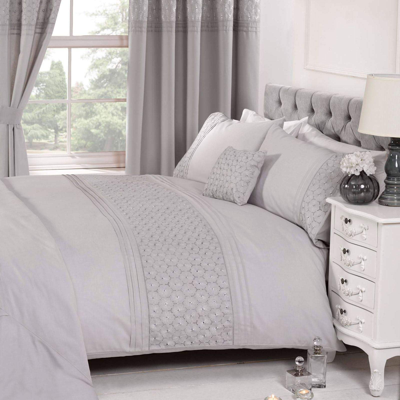 Homespace Direct Floral Single Quilt Duvet Cover & Pillowcase Bedding Bed Set Embroidered Silver