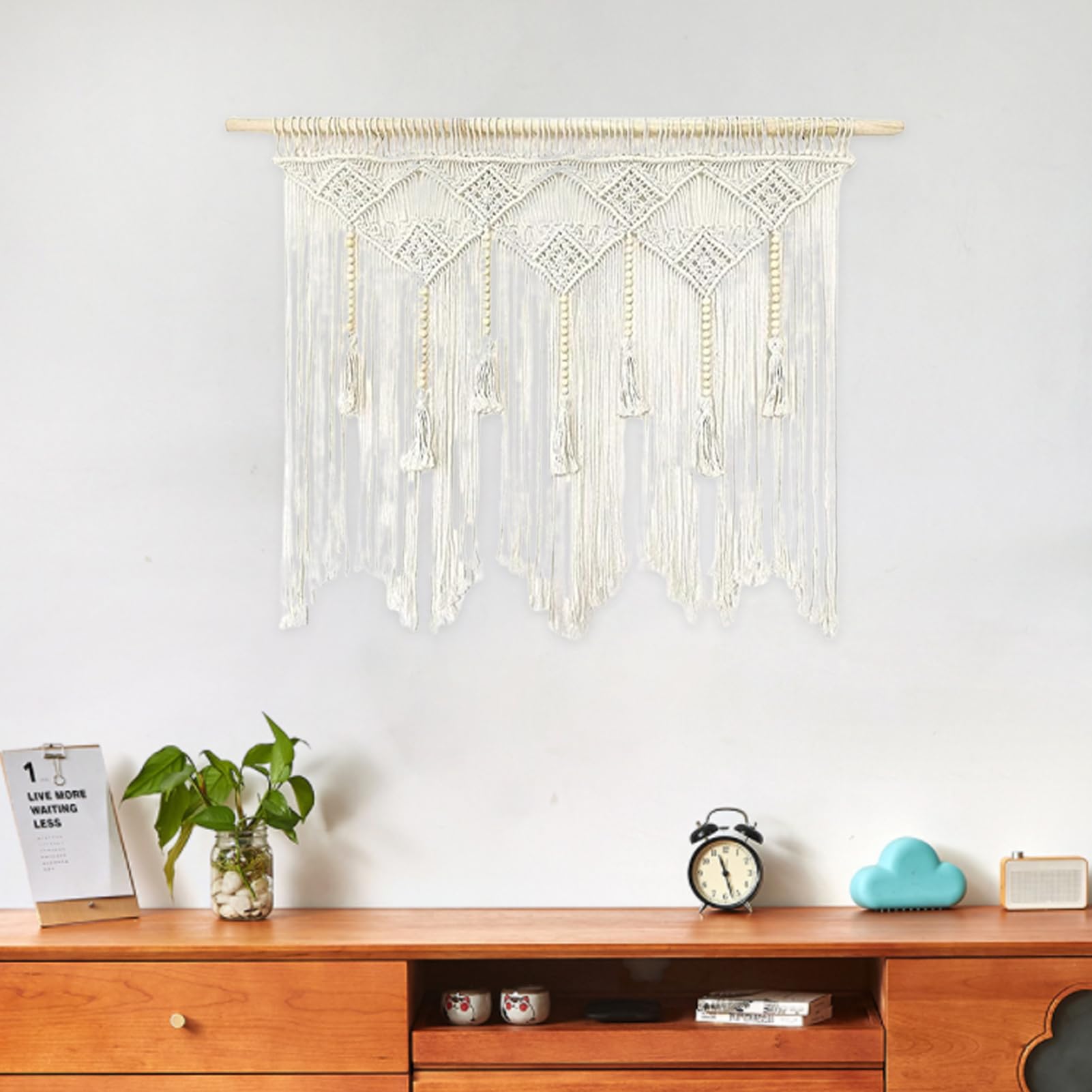 Rideaux en macramé avec perles en bois - Rideau tissé court - 100 x 80 cm - Beige - À suspendre au mur - Décoration murale d'extérieur