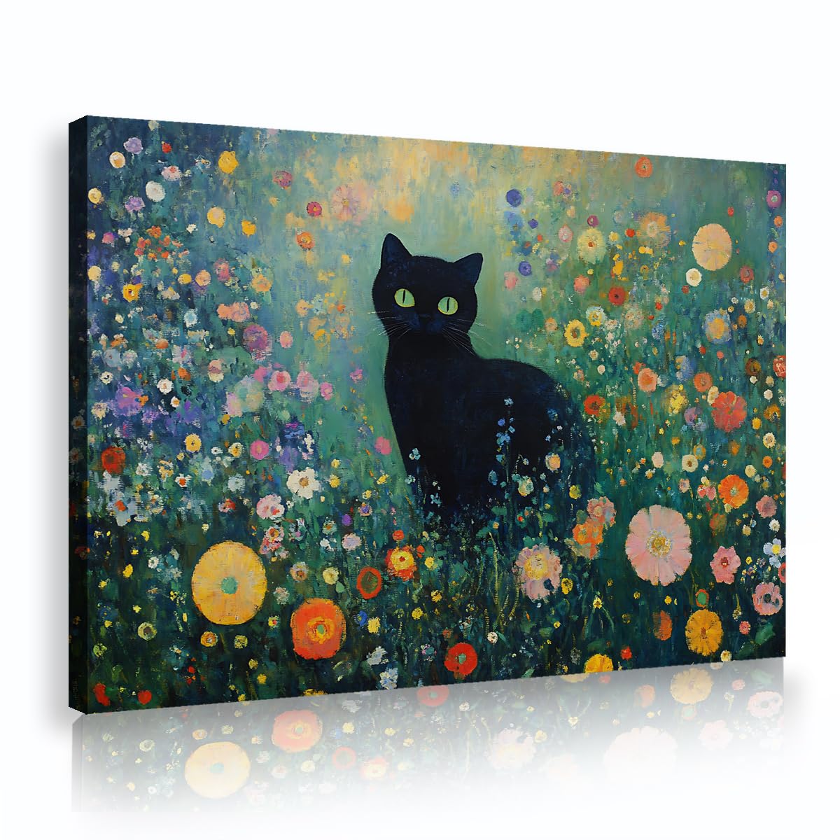 Via Vela Fbh05 Gustav Klimt Impressionist Canvas Wall Art Black Cat Flower Garden Mural Wildflower Meadow Art Print Picture For Bathroom Living Room Apartment Decor 80X120cm