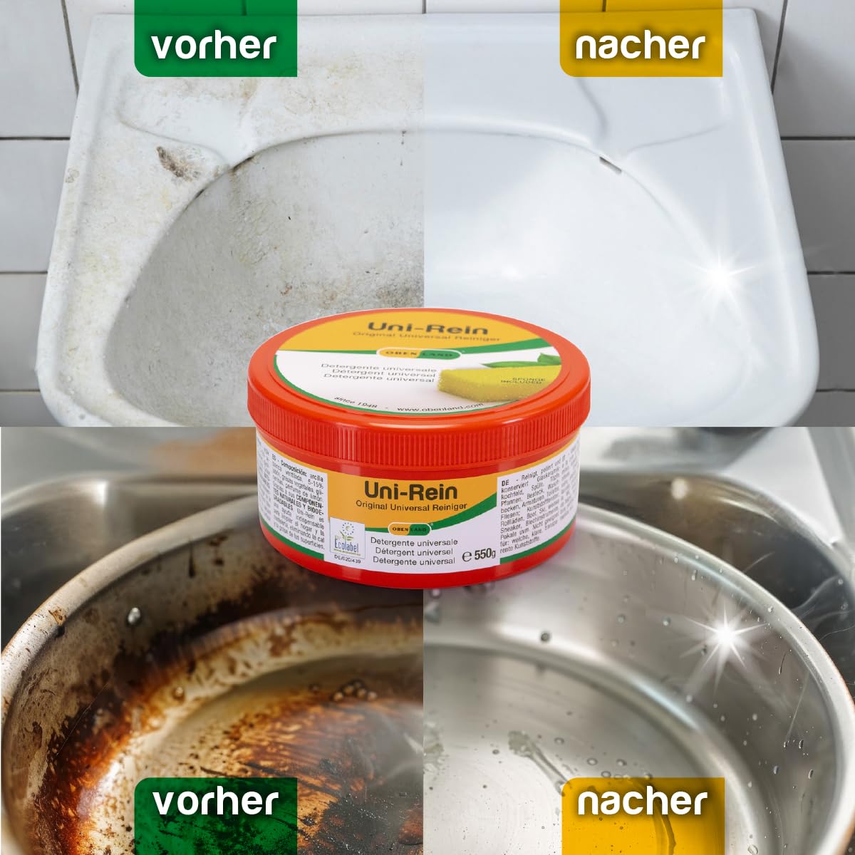 Obenland Uni-Rein Detergente solido per la pulizia ecologica - Pulitore universale per tutte le superfici in cucina, bagno, WC e rubinetti, finestre, sneakers. 3 barattoli da 300g, con 3 spugne