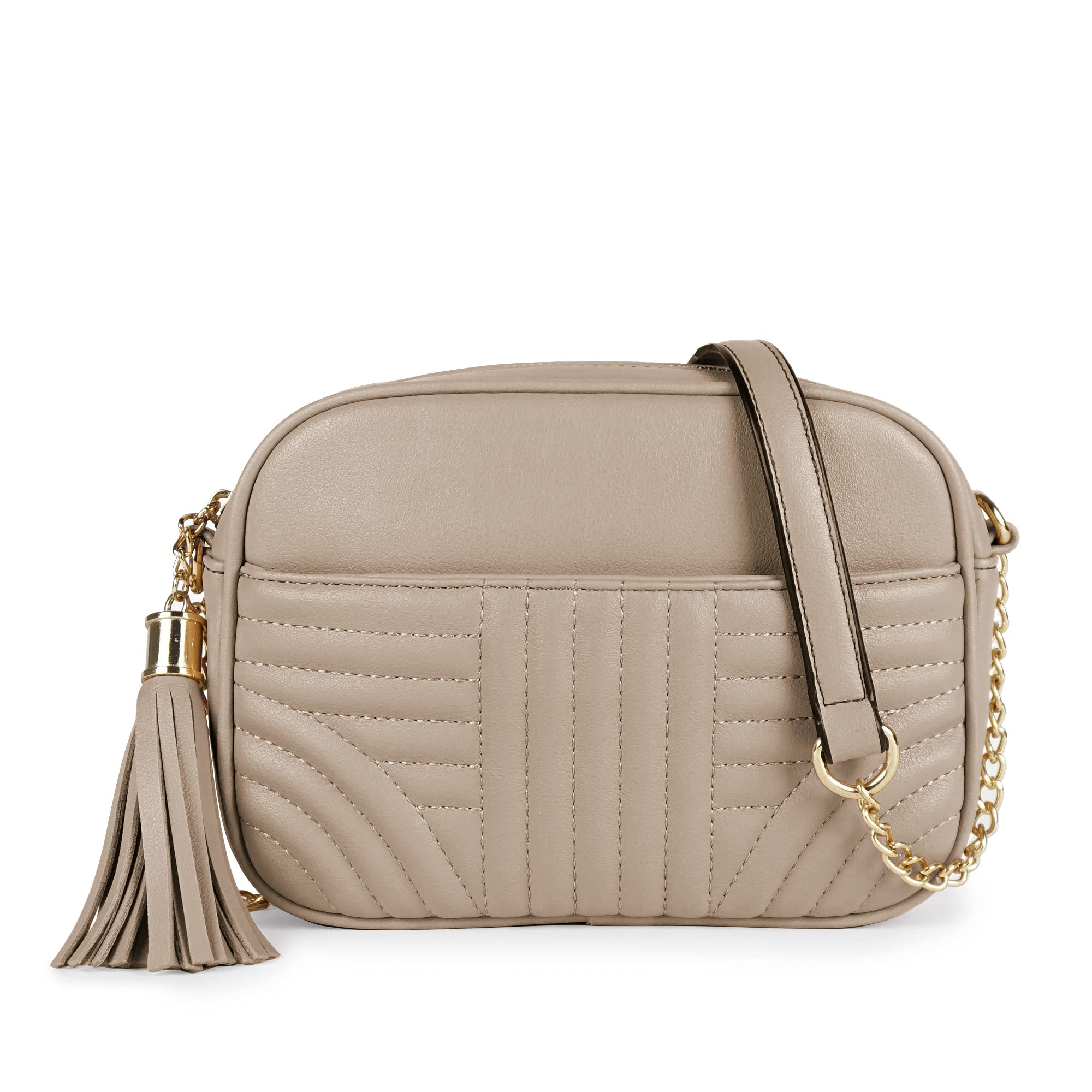 EVVE Quilted Crossbody Bags for Women - Stylish Camera Bag with Tassel - Lightweight Medium Size Shoulder Purse | Sand