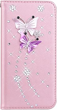 Glitter Wallet PU Case for TECNO Camon 40 pro 5G, Rose Gold Solid Color Flip Case with Strass Rhinestone Bling Bling Diamond 3D Butterflies Pattern Folio Wallet Cover for TECNO Camon 40 pro 5G
