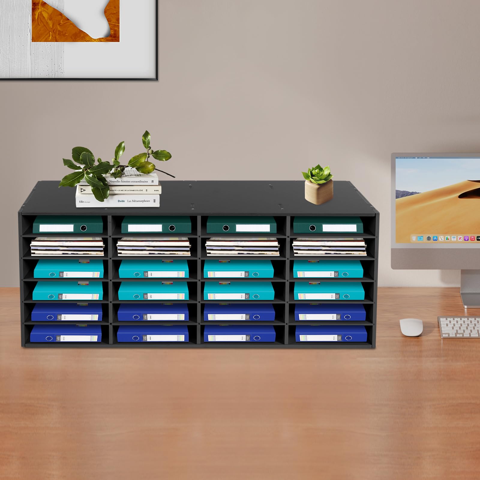 Organizer per letteratura, portadocumenti, 24 scomparti, in legno, formato A4, da scrivania, portadocumenti, capacità di carico 5 kg, nero