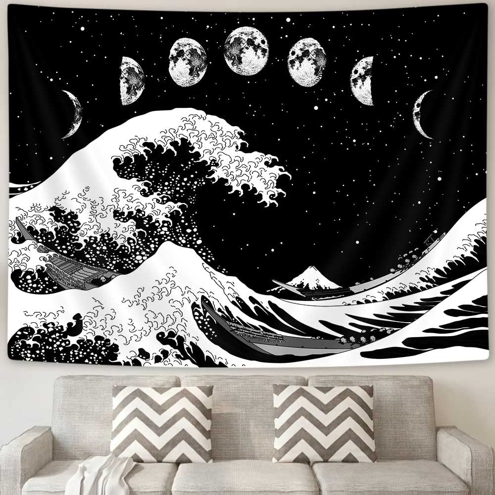 ICTEISOM Japanese Tapestry, Kanagawa Great Wave Moon Wall Tapestry, Black and White Tapestry Wall Hanging for Bedroom Living Room Dorm Wall Decor 80 x 60 Inches