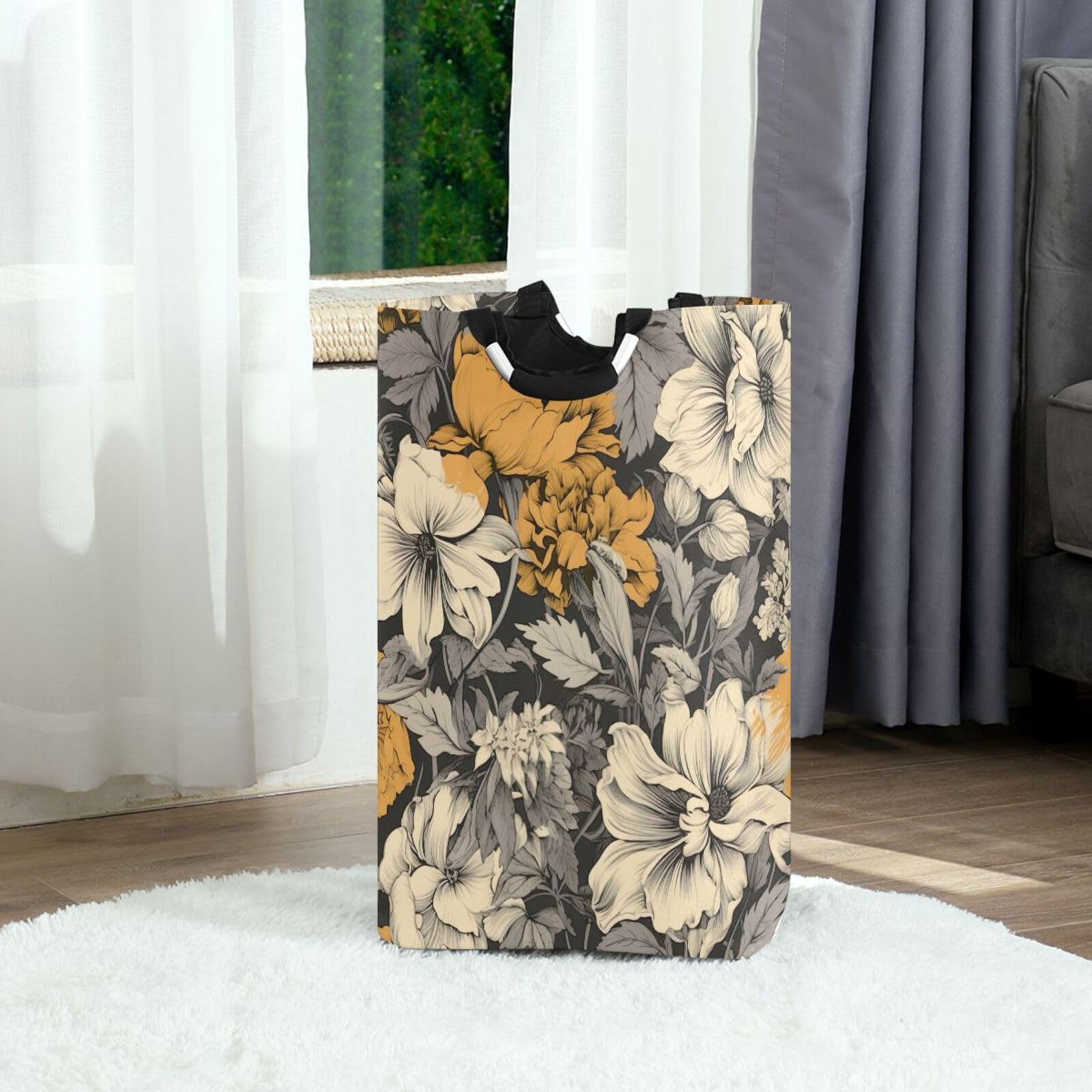 Jihqo Laundry Hamper Basket Dark Floral Pattern Collapsible Nursery Storage Bin Waterproof Clothing Baskets for Home Bedroom Bathroom Washing Room