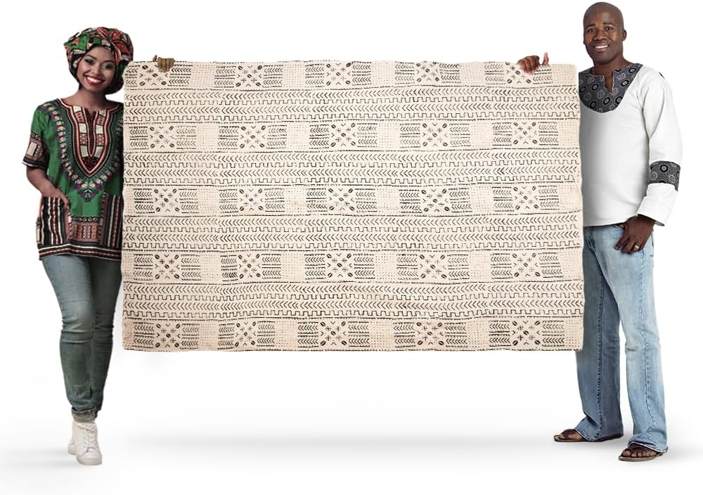 The Bead Chest White Bogolan Mali Mud Cloth - Handmade African Textile from West Africa - 40x64 Inches - Ideal for Home Decor, Boho Throw Blanket, Upholstery, or Crafts