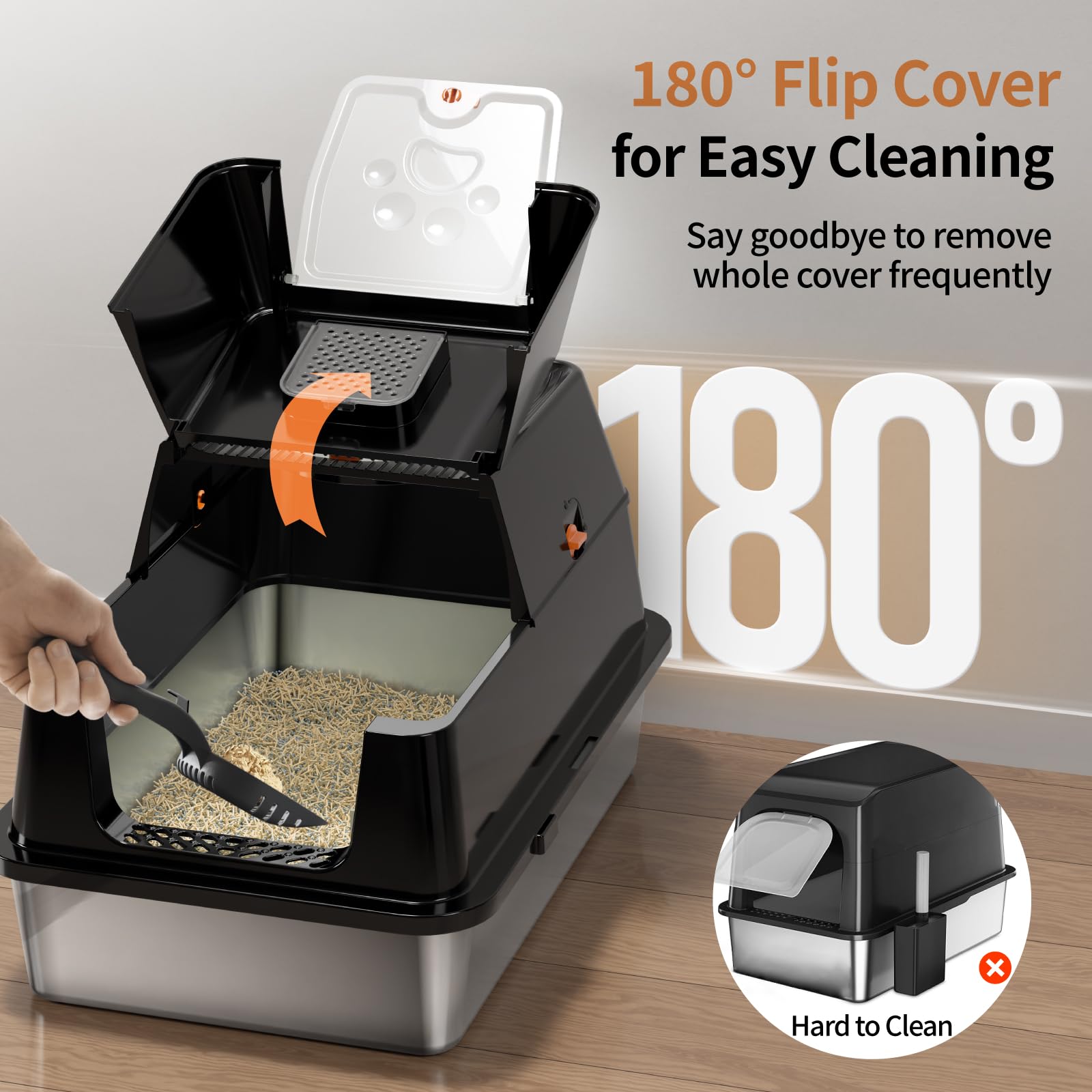 Lettiera per Gatti in Acciaio Inox, paletta lettiera gatto,Lettiera Gatto Chiusa XXL, Contenitori per lettiere con Pala, Doppio Strato Opaco Toilette per Gatti, Cassette igieniche per gatti - Nero