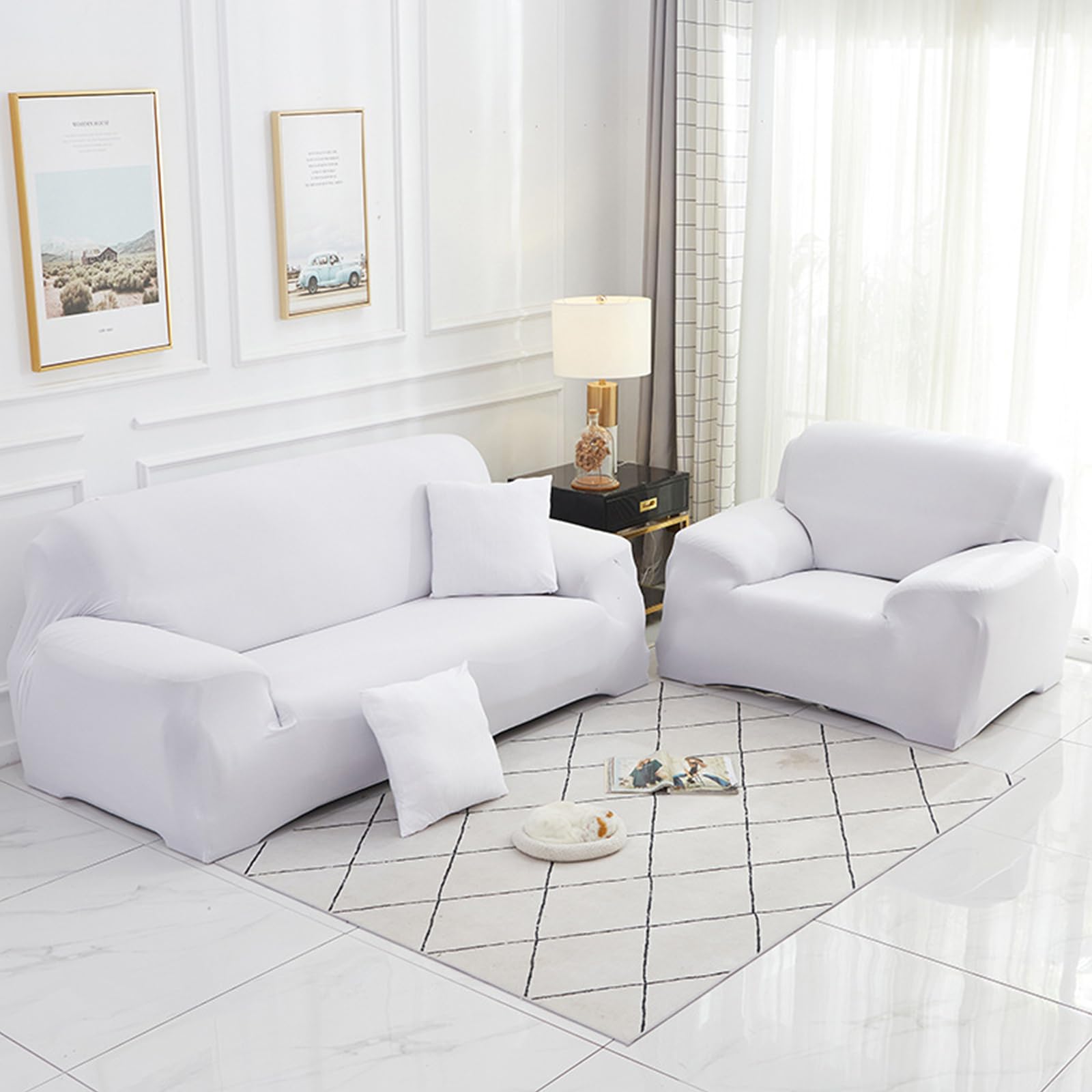 Hearda High Stretch Sofa Covers 1/2/3/4 Seater, Monochrome Soft Elastic Non Slip Sofa Slipcover Washable Universal Couch Sofa Cover for Kids Pets Living (3-Seater,White)