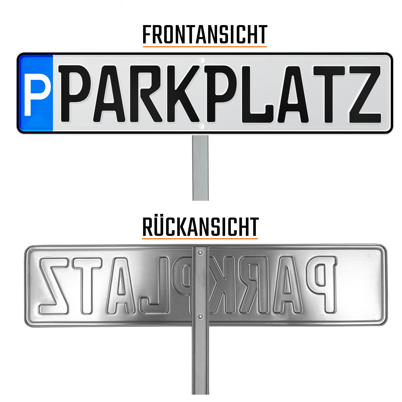 Parkplatzkennzeichen Wunschtext Parkplatzschild mit Halterung Set mit Edelstahl-Pfosten Parkplatz-Kennzeichnung bis zu 17 Zeichen Kennzeichen P-Kennzeichen Schild Wunschprägung Einschlagpfosten