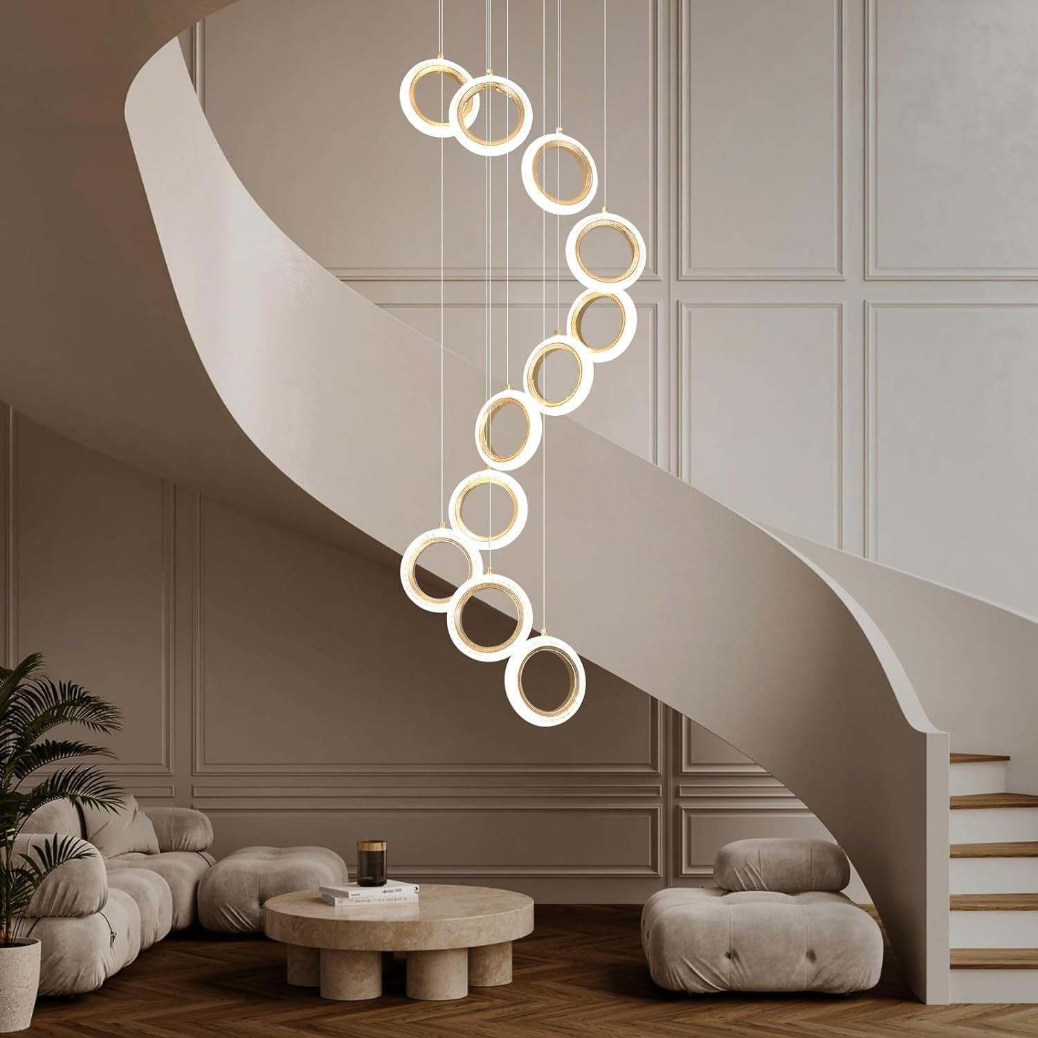 Kronleuchter Hohe Decke 12 Ringe Große Treppenhaus-Deckenbeleuchtung Einstellbar Goldene Moderne LED-Pendelleuchte Kristallfoyer Dimmbarer Deckenleuchter für Treppeneingang Wohnzimmer